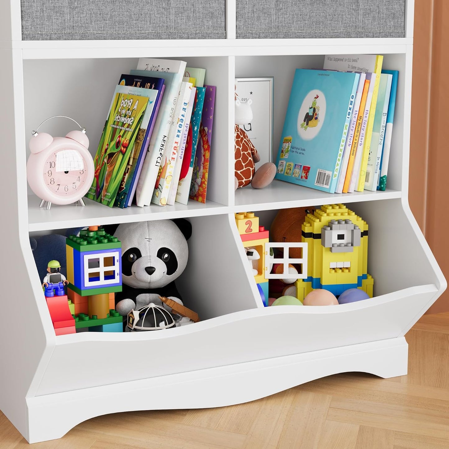 HOCSOK kinderregal, Bücherregal Kinder mit 8 Ablagefächern und 2 Stoffschubladen, Spielzeugregal kinderzimmer für Schlafzimmer Kindergarten, Weiß, 116x67x40cm