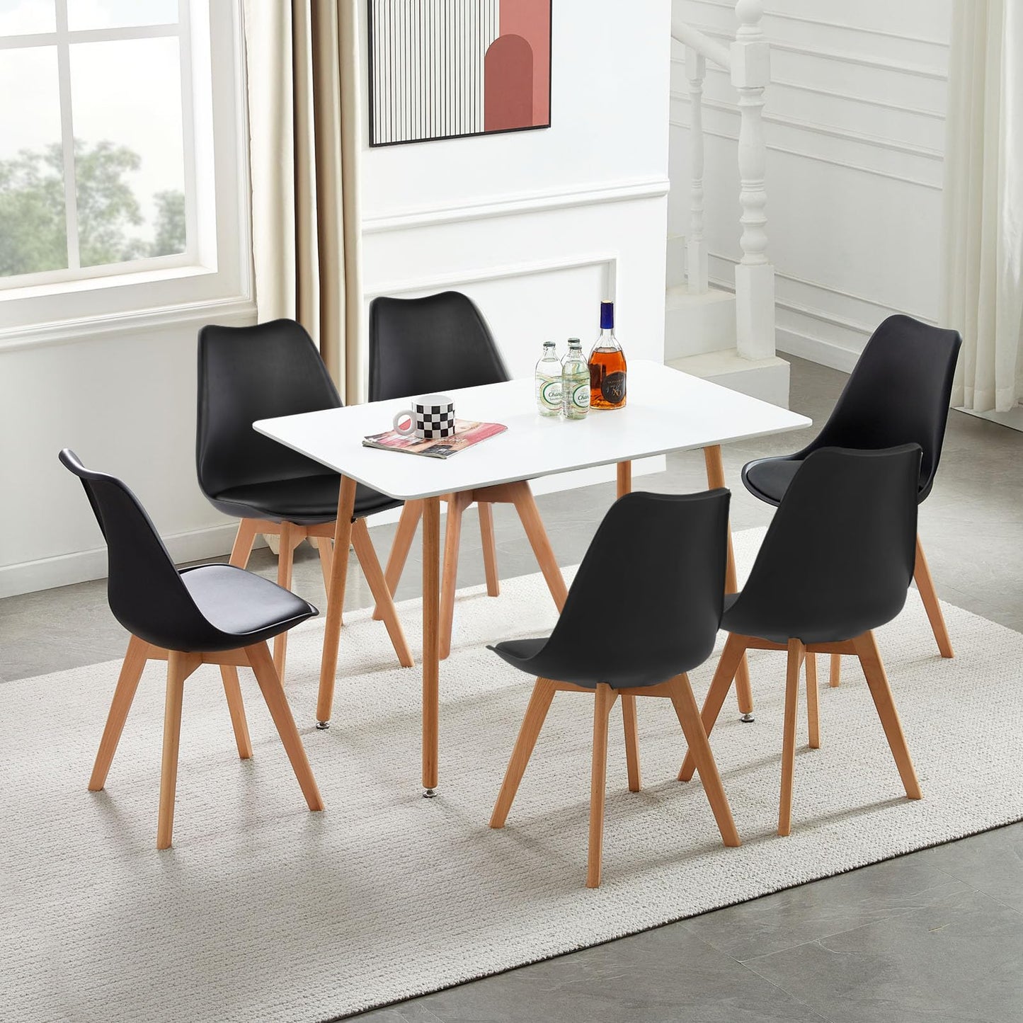 H.J WeDoo Esszimmergruppe mit 4 Essstühlen, Rechteckig Esstisch und Stühle für Esszimmer, Küche, Wohnzimmer, Weißer Esstisch und Graue Stühle
