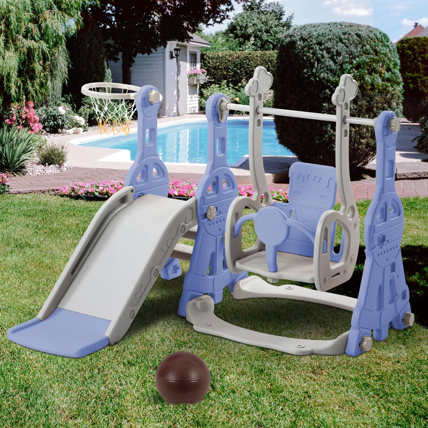 Kinderrutsche, Babyschaukel, 4 in 1, mit Schaukeln, Treppen, Gleiten, Basketballgestellen, Spielplatz für drinnen und draußen, multifunktionale Rutsche (Rosa, Kaninchen)