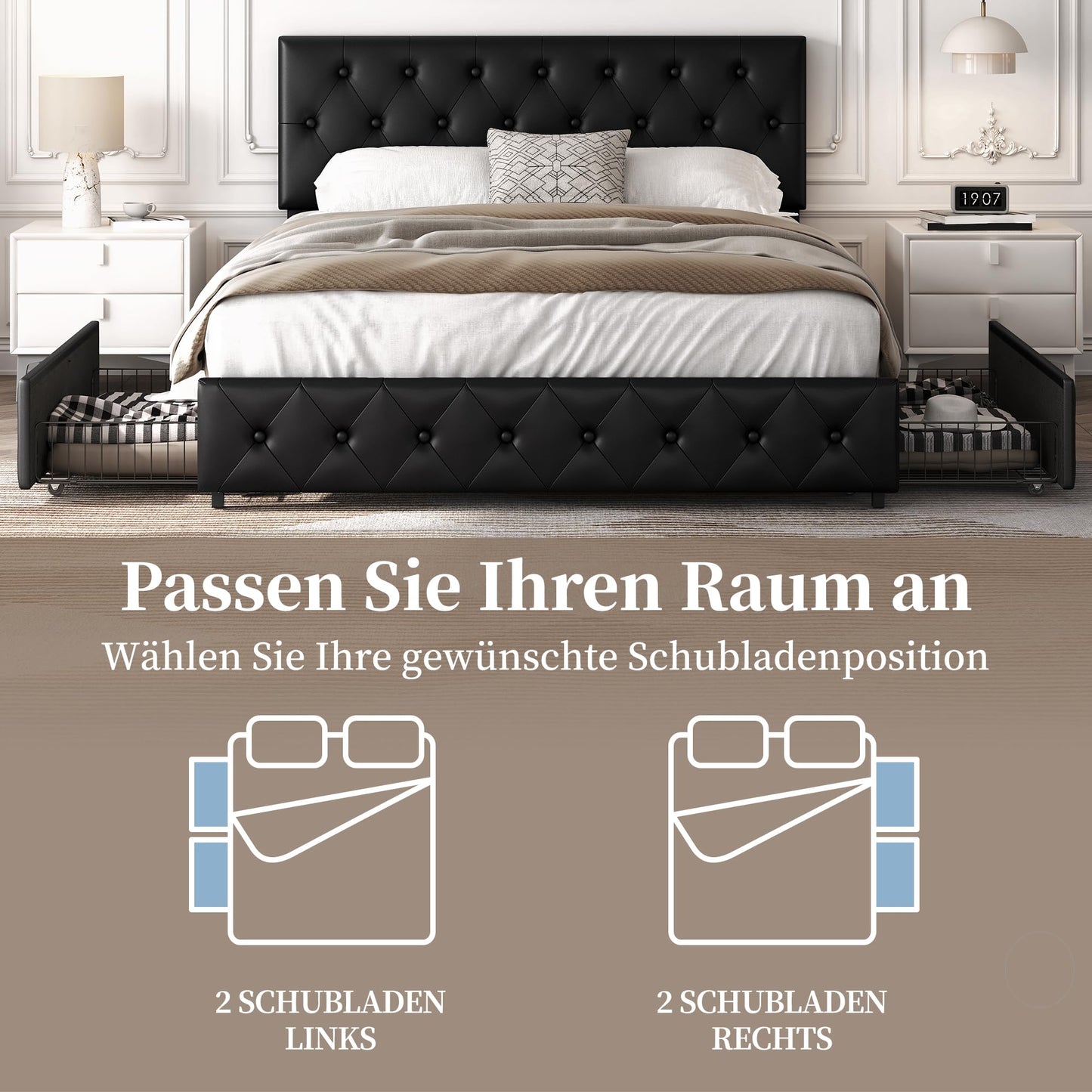 Yaheetech Polsterbett 140 x 200 cm Doppelbett Bettrahmen mit 2 Schubladen höhenverstellbares Kopfteil Gepolstertes Bett mit Lattenrost viel Stauraum, Schwarz