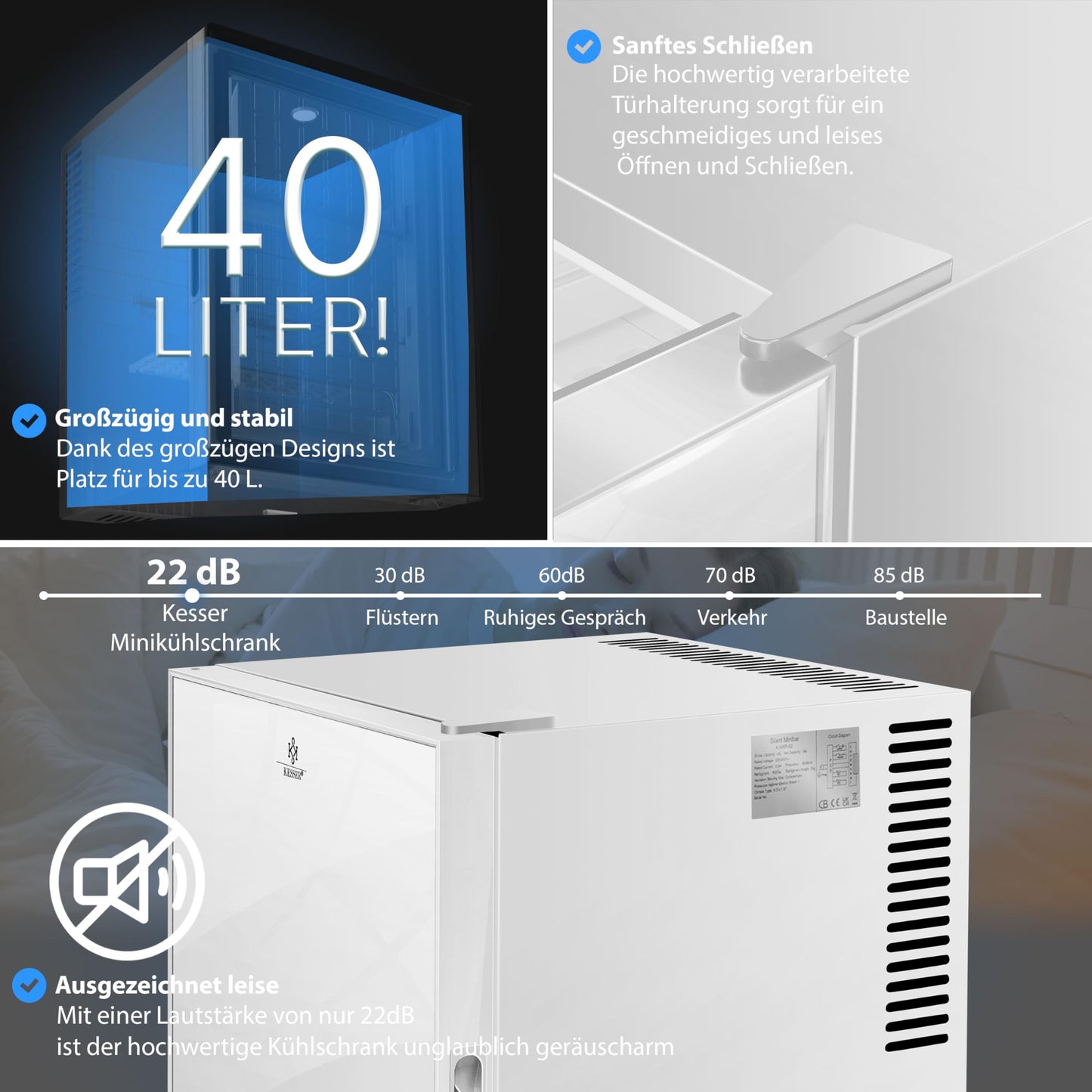 KESSER® Mini Fridge 40 L Lockable Mini Bar Ideal for Camping, Office, Bedroom, Hotel, Kitchen, Small Fridge Completely Silent, Interchangeable Door Hinge, Interior Lighting with Glass Opener