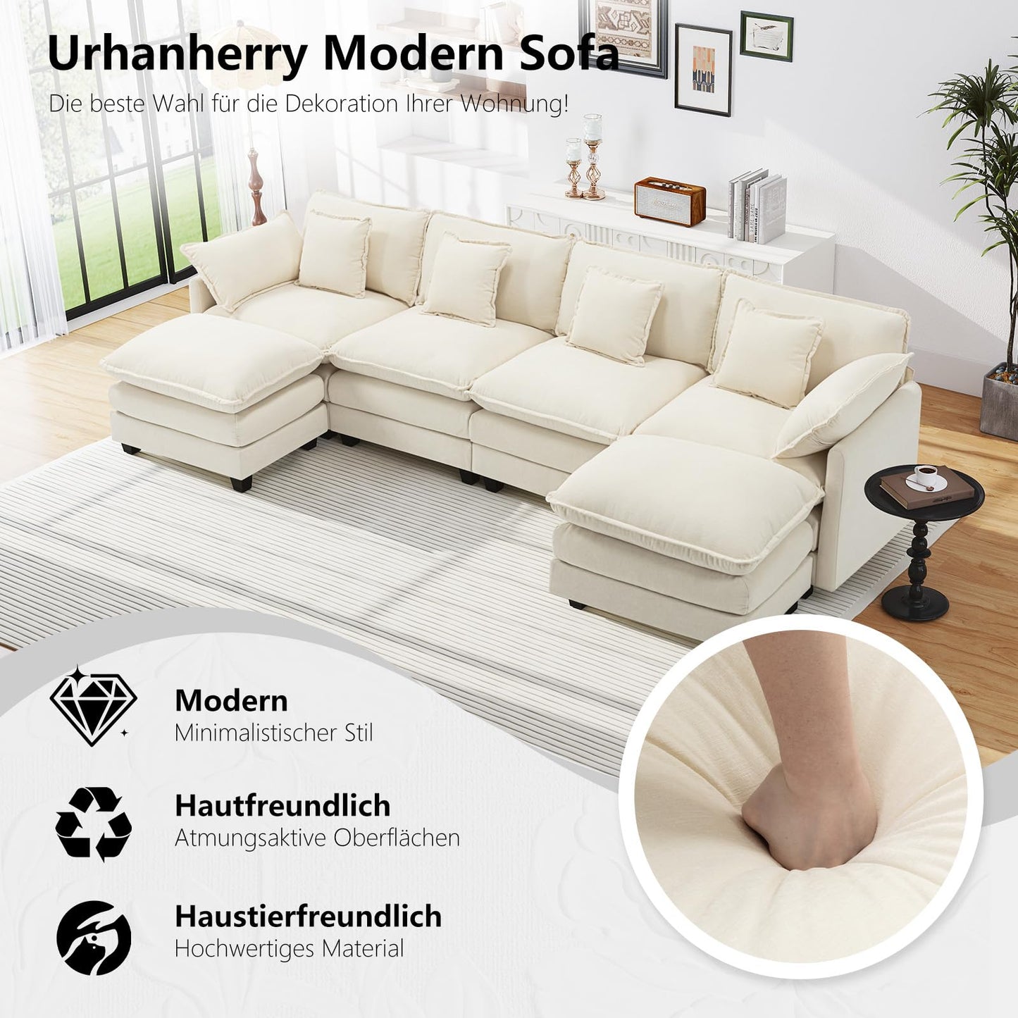 Urhanherry U-Shape Cloud Sofa, Modular Sectional Sofa, 6-Seater with 2 Ottomans, Modern Sofa with Decorative Cushions/Armrests, Breathable Chenille Fabric, U Sofa Couch for Living Room, Beige