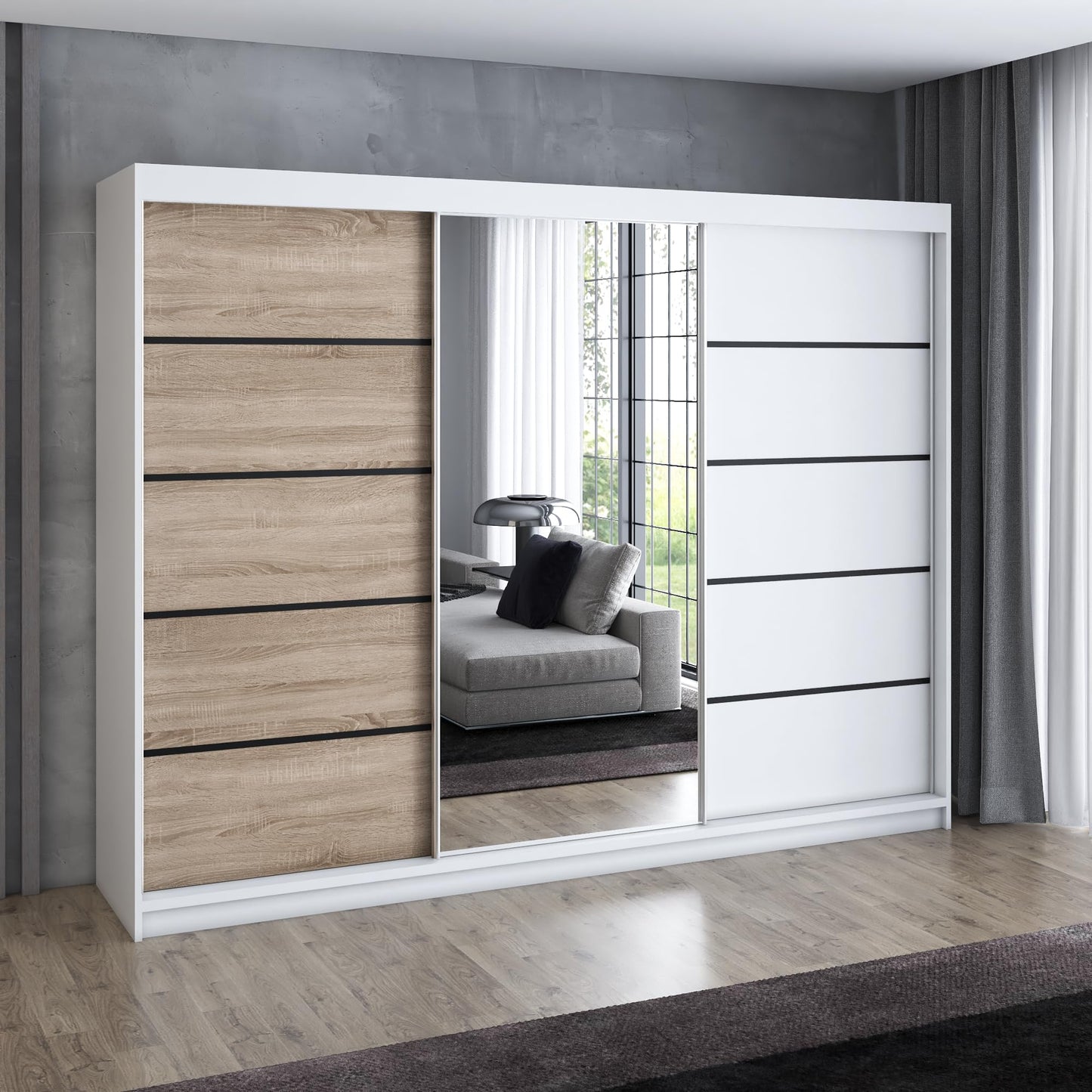 A&J MöbelLand Schwebetürenschrank VILANO 2, 3-türig Schrank 200 cm Kleiderschrank mit 4 Schubladen, und Spiegel (Weiß, Schwarz, Somona) (Schwarz/schwarz/schwarz)