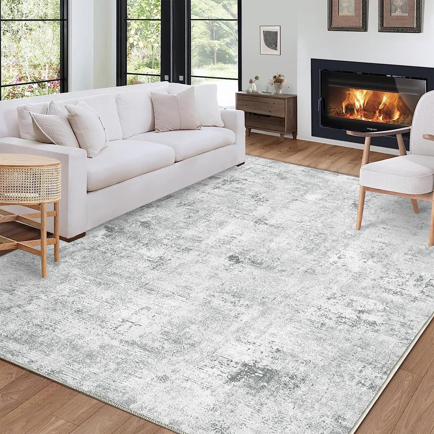 Guchuang Bedding Living Room Rug 140 x 200 cm, Grey Green Rug Vintage Mottled Smudged Design Short Pile Rugs, Washable Non-Slip Rugs for Bedroom