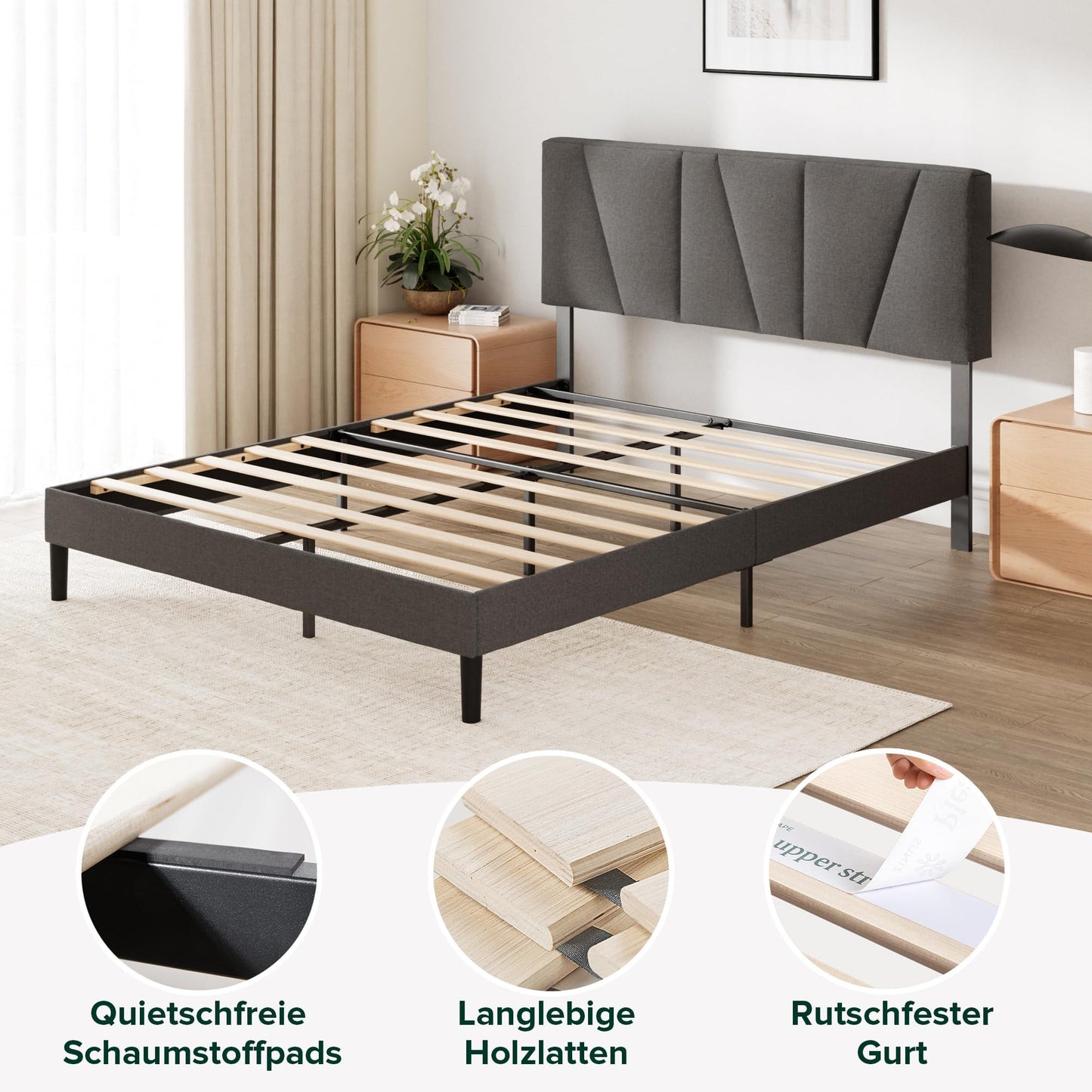 Zinus Maya Bed 180 x 200 cm - Height 30 cm - Padded Bed Frame with Headboard - Wooden Slatted Frame - Dark Grey, Dark Grey