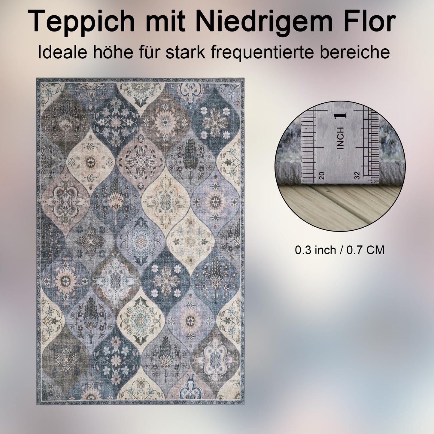 Xfrog Blumen Boho Teppich - Rutschfester Waschbarer Ultraweicher Antiker Niedriger Flor Flächenteppich für Wohnzimmer, Schlafzimmer, Kinderzimmer - 80 x 150 cm