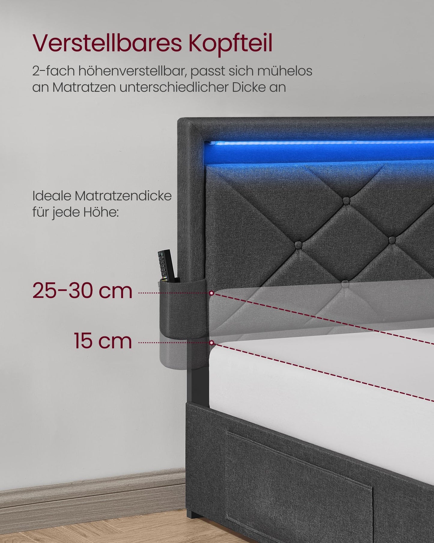 VASAGLE Double Bed Frame - Fits 140 x 200 cm Mattress - LED Metal Bed - 4 Drawers - Charging Station - Adjustable Padded Headboard - Slate Grey RMB827G02