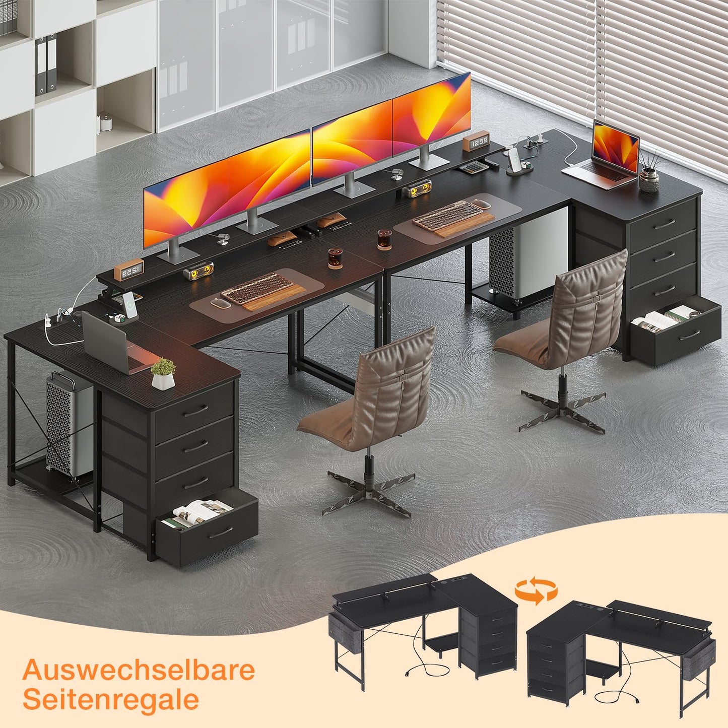ODK Corner Desk with 4 Fabric Drawers, 140 x 80 cm, Desk L Shape Reversible with USB Charging Port and Socket, L Shaped Desk with Monitor Shelf for Home Office, White