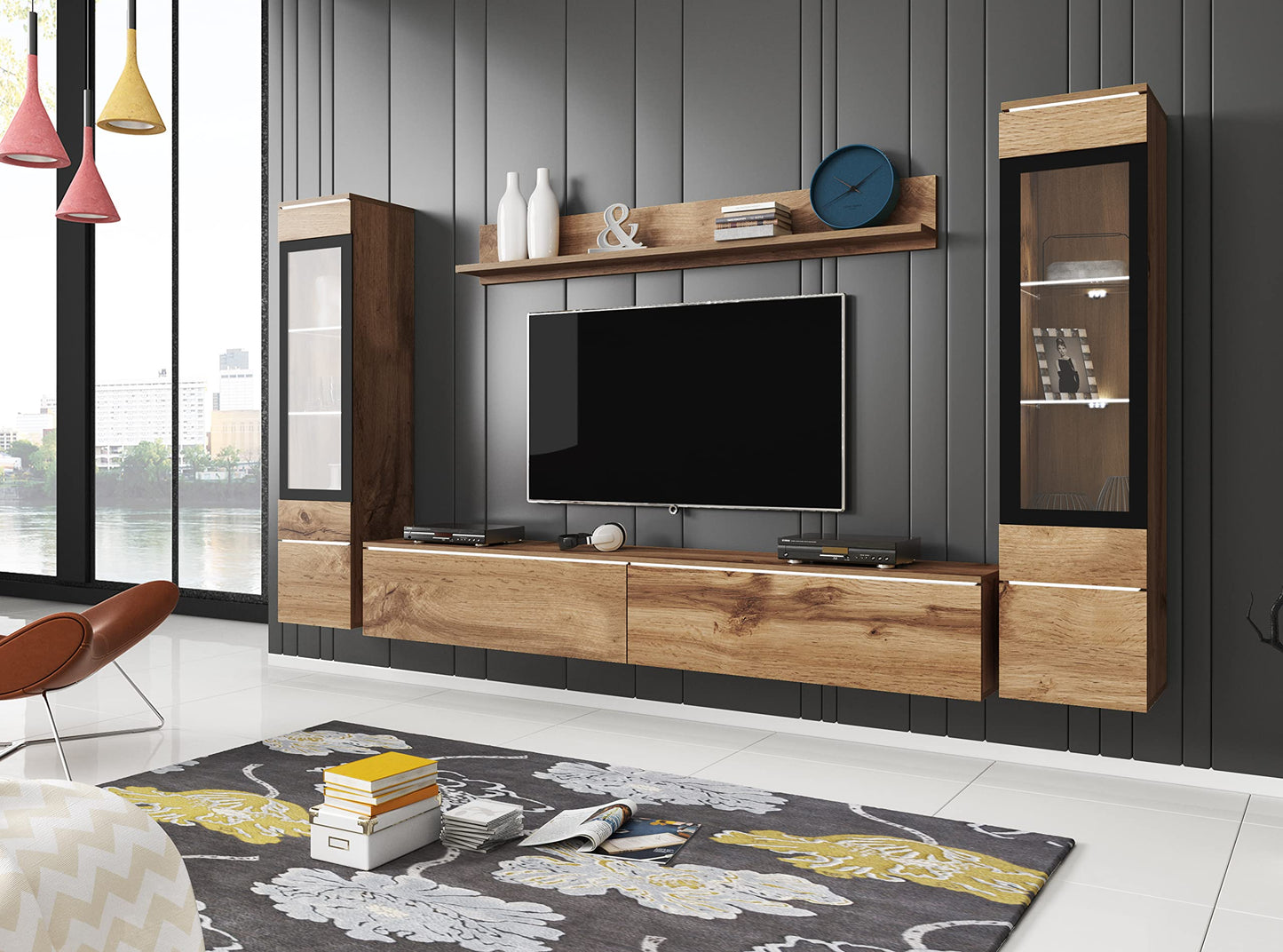 MINIO go for it Veve 2, 4-Piece Wall Unit Set, Hanging or Standing, 2 x Tall Cabinet Display Cabinets, Lowboard, Wall Board, Laminated Clamping Plate, Wotan Oak and Black Gloss, without Lighting