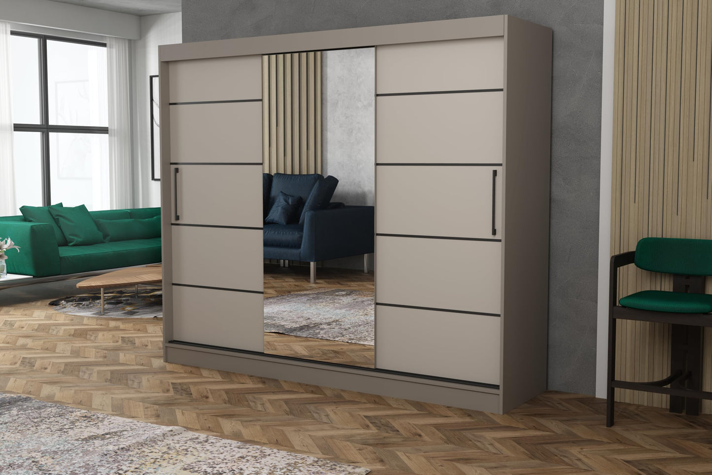 Brent - Kleiderschrank mit Spiegel und Schubladen 235cm Breit Chelsea Tomy, Schwebetürenschrank mit Spiegel, Schlafzimmerschrank, Kleiderschrank Schwarz