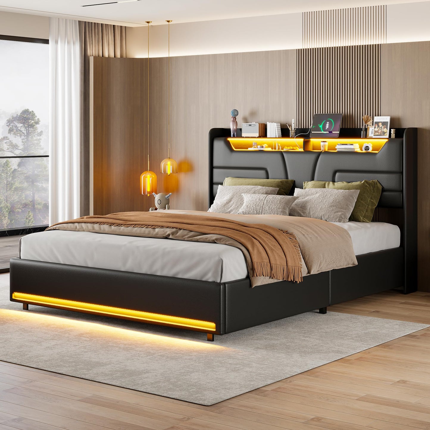 WOBOPCG Upholstered Double Bed 140 x 200, Hydraulic Storage Bed with Slatted Bases, Double Bed with Storage Space, Functional Bed with Storage Space (Grey + Flannel, 140 x 200)
