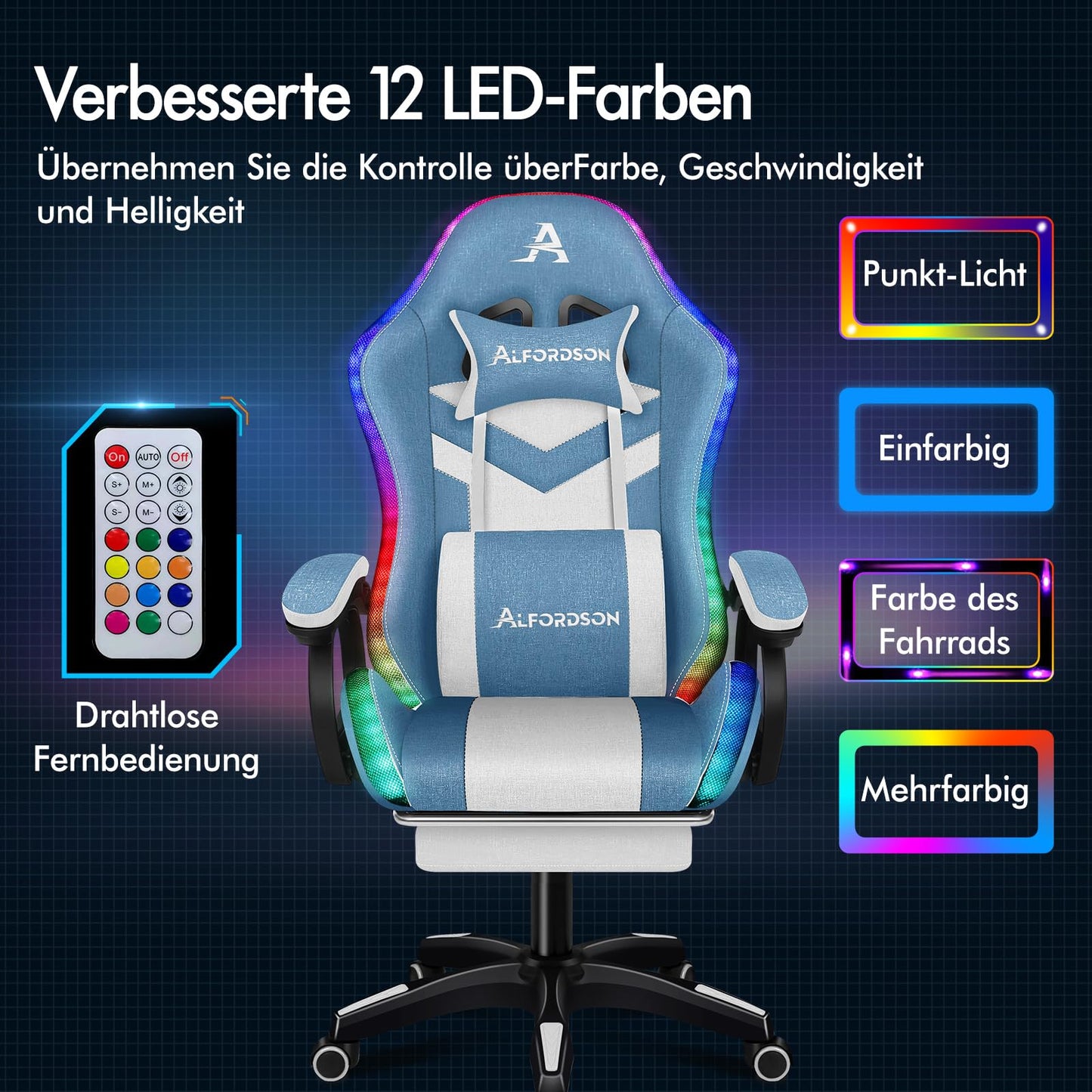 ALFORDSON Gaming Stuhl mit 8-Punkt Massage 12 Farben RGB LED-Licht, Bürostuhl Ergonomisch mit fußstützen, Kopfstütze Lendenkissen für Kinder Erwachsene, Schwarz