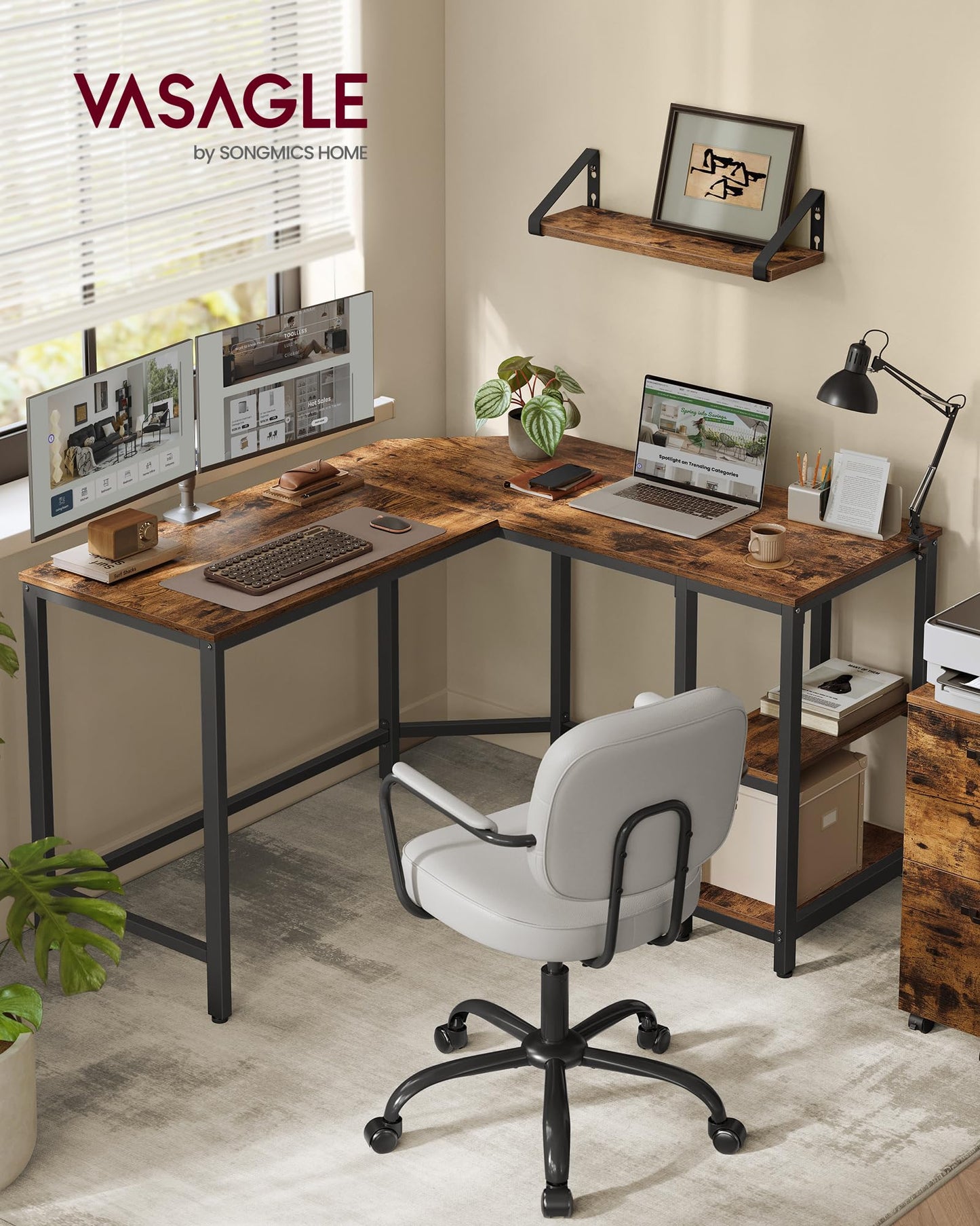 Vasagle L-Shaped Computer Desk, Corner Desk with 2 Shelves