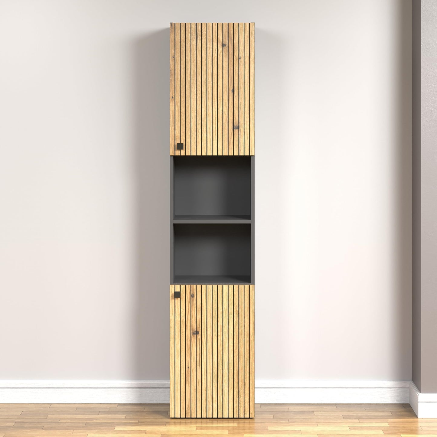 trendteam smart living - PureBliss - Hochschrank - Eiche - Badezimmerschrank in moderner Rillenoptik - edle Metallgriffe - (BxHxT) 40 x 186 x 31 cm - 2 praktische Einlegeböden - kratzfest