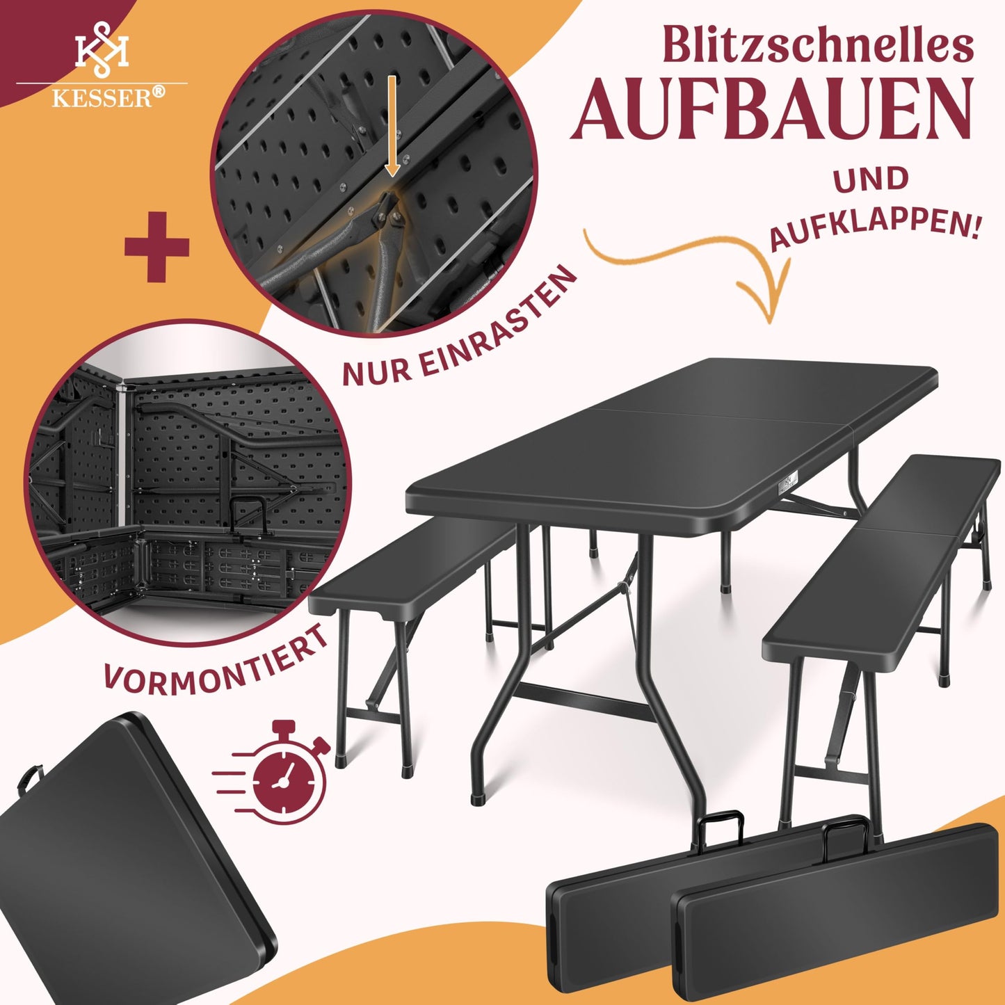 Kesser® Beer Tent Set – 3 Piece Set, Table + 2 x Bench, for Indoor / Outdoor, Folding, Carry Handles, HxWxD: 73 x 180 x 75 cm, Plastic, Rattan-Look Garden Set, Folding Table, Garden Table, Black