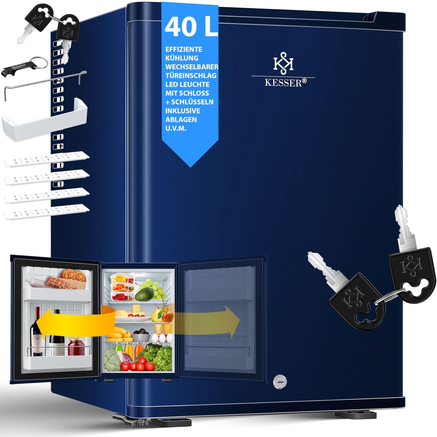 KESSER® Mini Fridge 40 L Lockable Mini Bar Ideal for Camping, Office, Bedroom, Hotel, Kitchen, Small Fridge Completely Silent, Interchangeable Door Hinge, Interior Lighting with Glass Opener