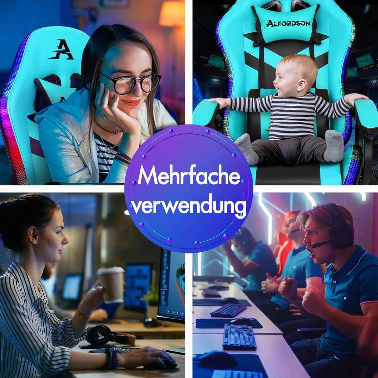 ALFORDSON Gaming-Stuhl, LED-Racing-Gamer-Stuhl mit 12-Farben-RGB-Beleuchtung, Massage-Gaming-Stuhl mit Lordosenstütze, Fußstütze, PU-Material, Cyan