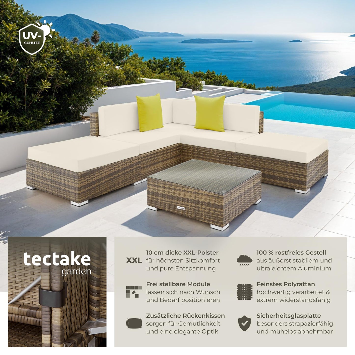 tectake® Aluminium Poly Rattan Lounge, modulares Gartenmöbel Set, großer Outdoor Couch Tisch mit Glasplatte, Sofa Set wetterfest für Garten, Balkon und Terrasse, extra Dicke Polster - grau