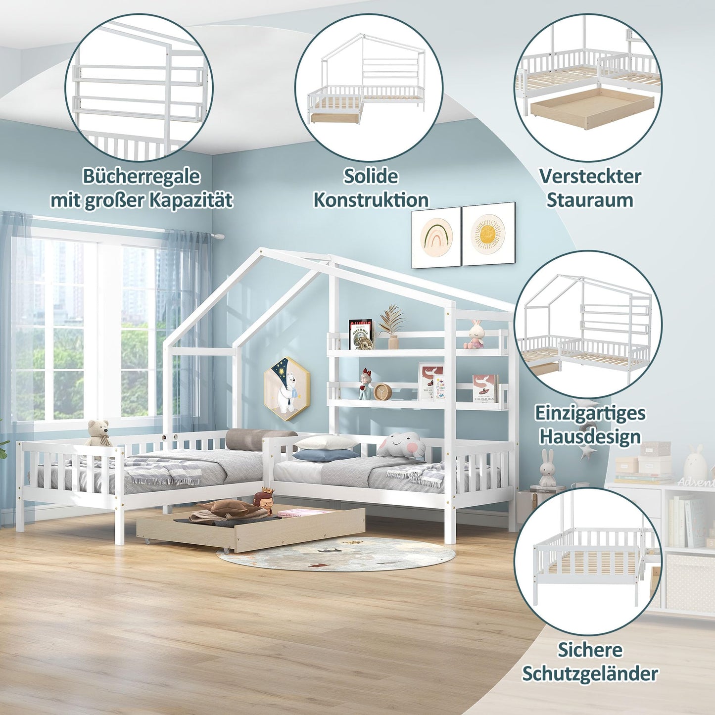 Merax Hausbett 90x200 cm mit 2 Schubladen, für 2 Kinder Doppelbett, Vielseitiges Holz Baumhausbett für Mädchen & Jungen, Stabil Spielbett Gitterbett mit Rausfallschutz und Lattenrost, Weiß