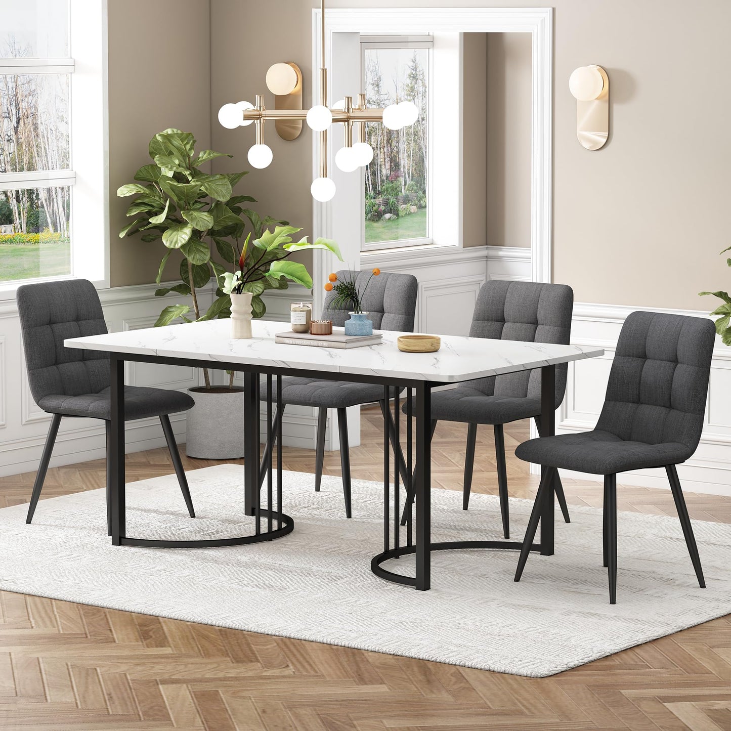 Gegtuon Esstisch mit 4 Stühlen für 4 Personen 140x80 cm, 5 teilig Tisch Rechteckig für Küche, Modern Küchentisch mit Schwarz Tischbeine, Essgruppe für Esszimmer Wohnzimmer, Leinen, Dunkelgrau