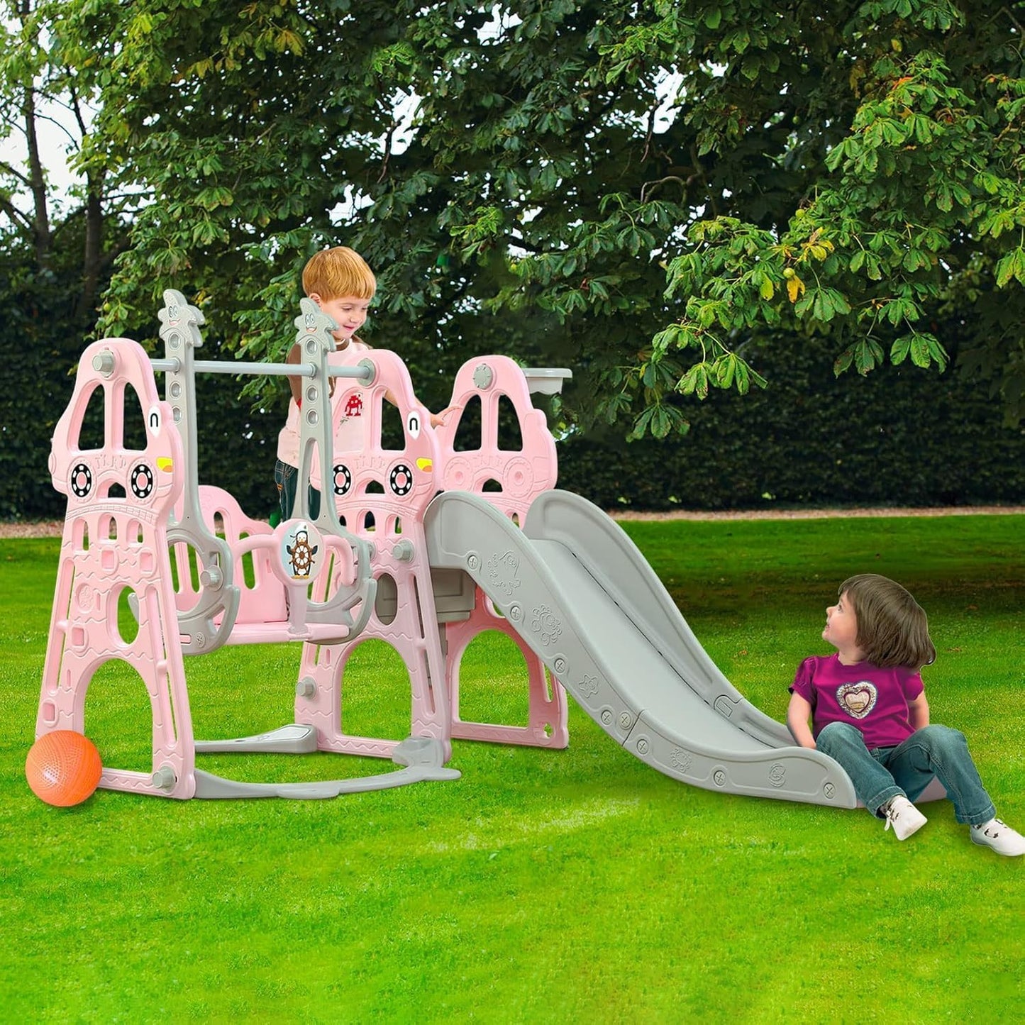 YULEYU Kinderrutsche Outdoor Indoor, Kleinkindrutsche mit Schaukel und Basketball-Reifen, Baby rutsche kinderzimmer, babyrutsche gartenrutsche für Kleinkind, Rosa