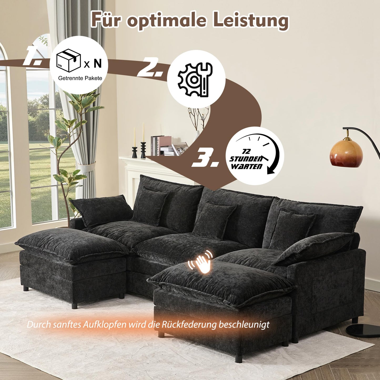 Litbird U-förmiges modulares Sofa 3-Sitzer Ecksofa mit Hocker, tiefes Sitzdesign, Cloud Couch für Wohnzimmer(Hellbraun)