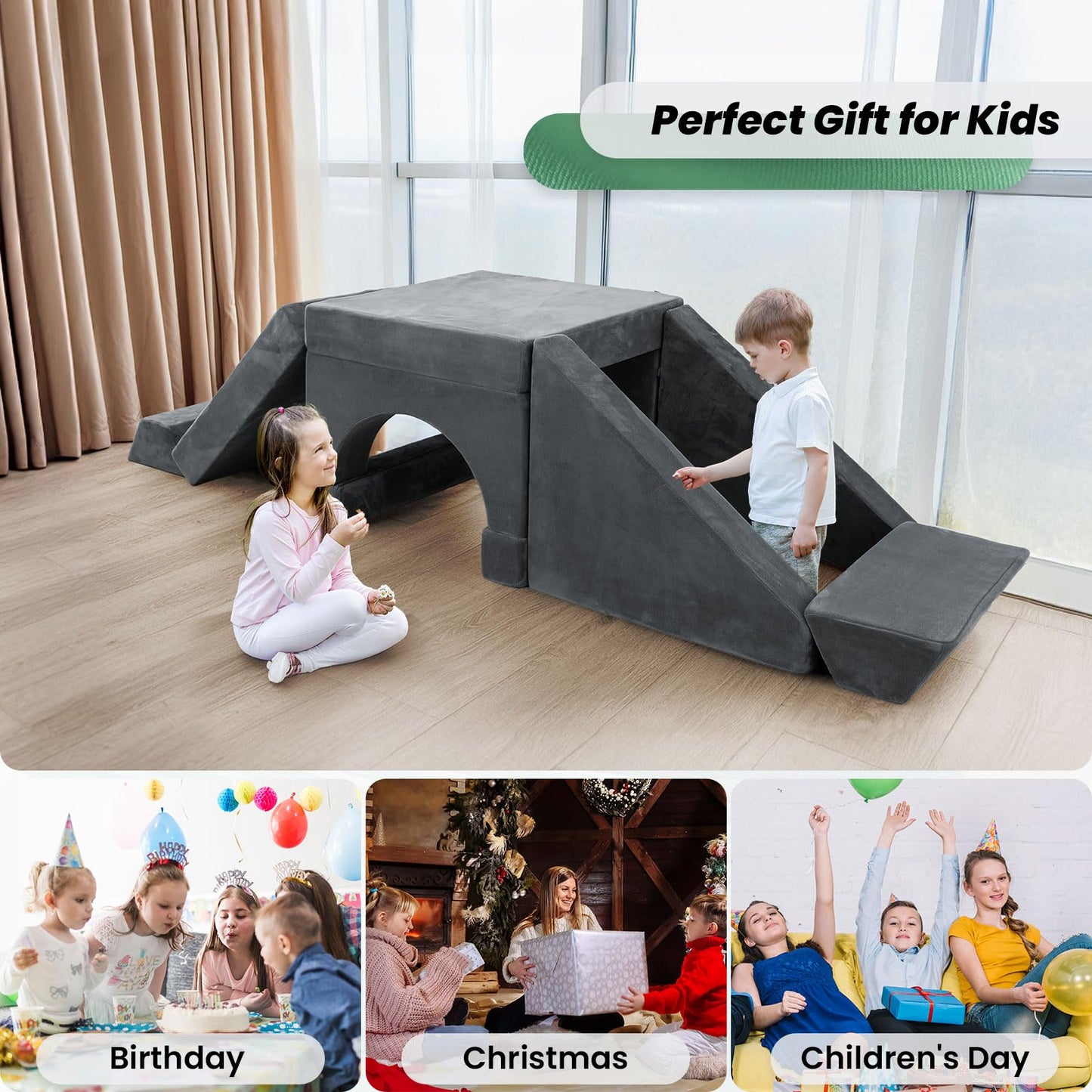 HOMFINE 16pcs Modular Kids Play Couch, Kids Toddler Couch, Child Sectional Sofa, Versatile Kid Sofa for Playroom Bedroom, Convertible Foam and Floor Cushion for Boys and Girls, Grey