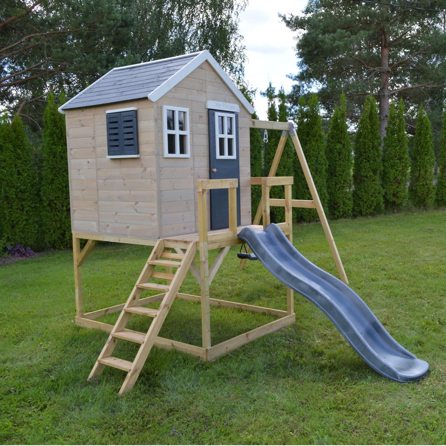 Wendi Toys M24G Children's Outdoor Stilt House with Slide and Swing, 330 x 350 x 242 cm, Grey, FSC Wood, Playhouse Children Outdoor with Swing & Plastic Slide for Garden, Playground for Garden