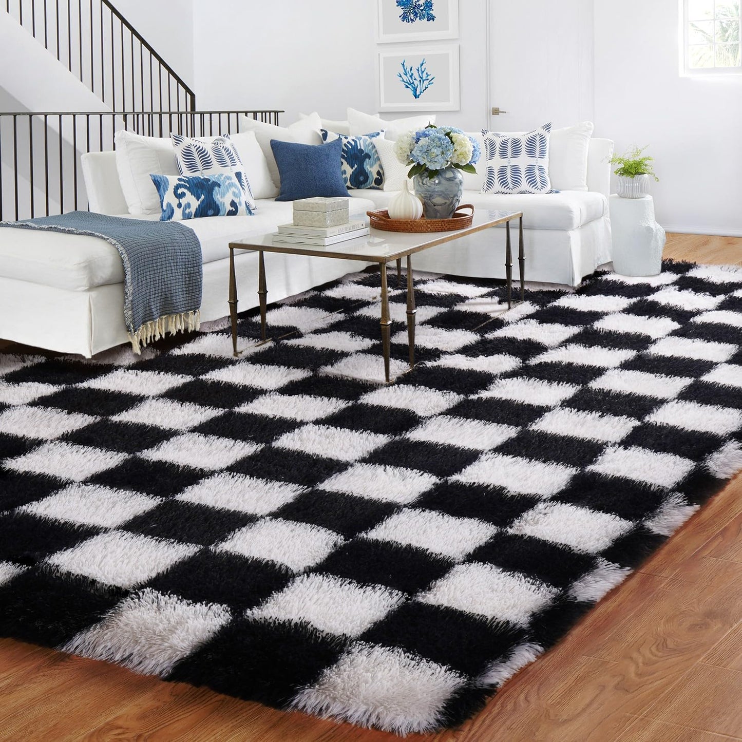 BYBSRLL Checked Rug Pink and White 120 x 180 cm High Pile Soft Fluffy Cuddly Rug Washable Rug Living Room Bedroom Children's Room Girls Non-Slip Rugs for Living Room