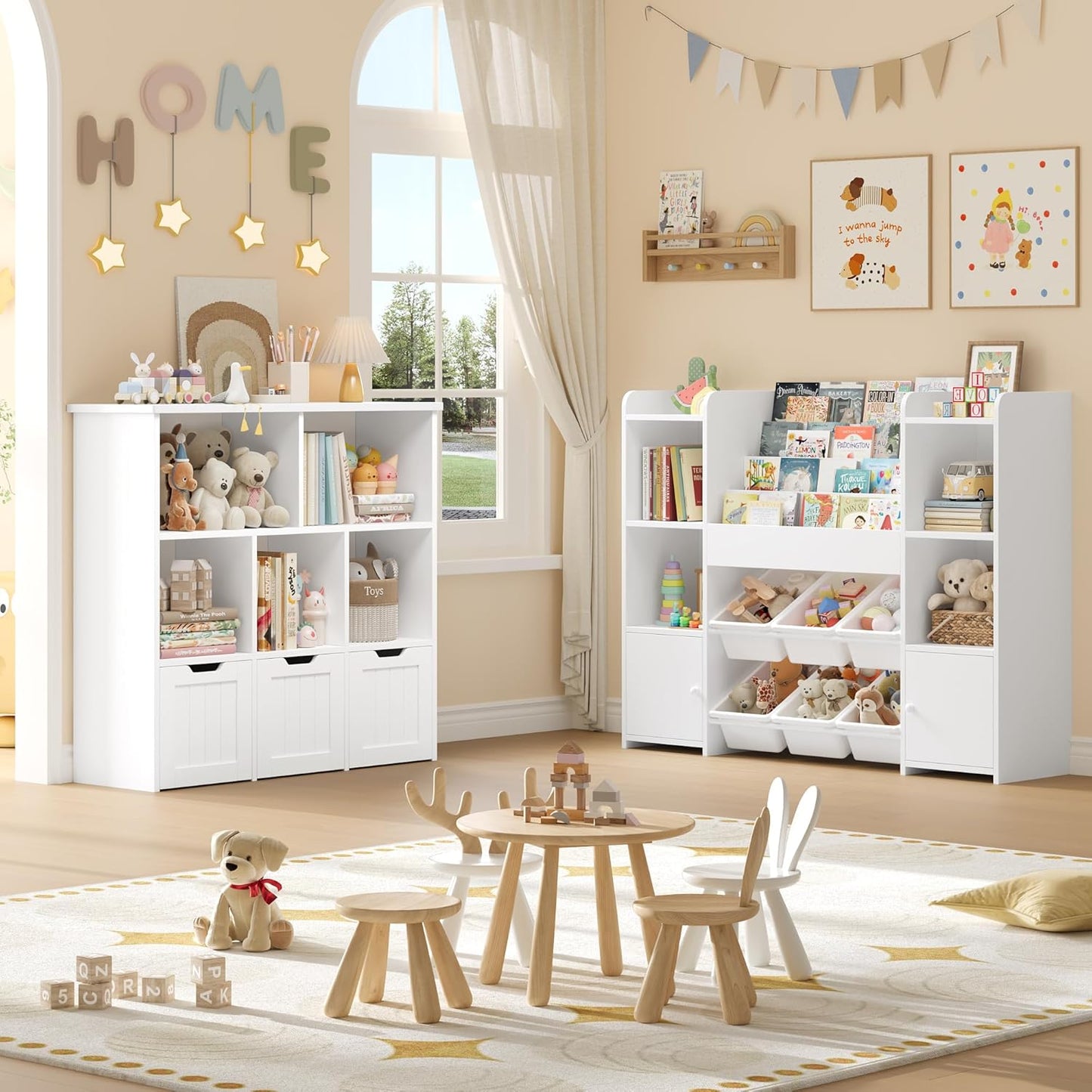 FOREHILL Children's Shelf with Children's Bookcase, Children's Room Furniture Made of Wood, Bookcase for Children with Storage Box, Children's Cabinet with Toy Box, Children's Shelf with 6 Boxes, 119