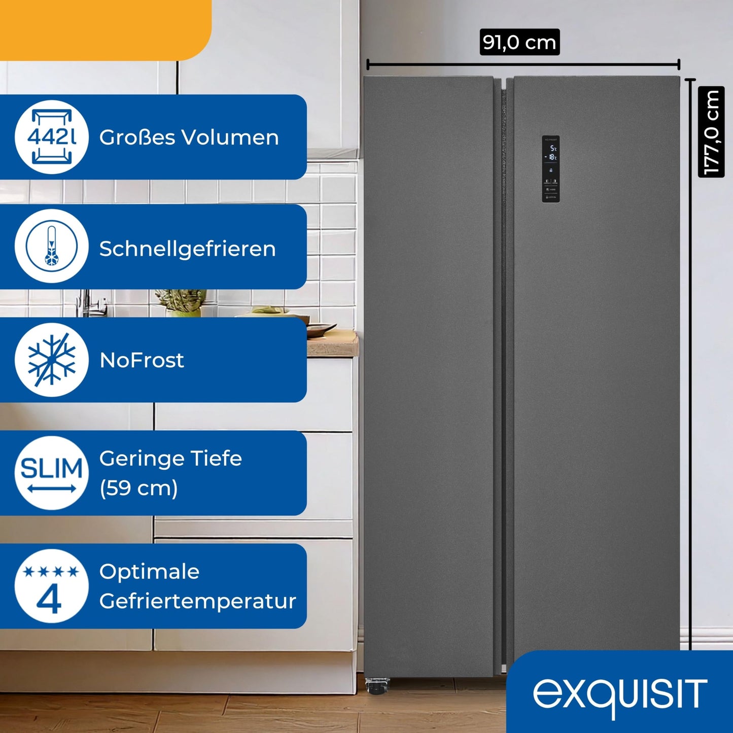 Exquisit SBS546-040E Side-by-Side Fridge-Freezer, 442 Litres, No-Frost, LED Display, 10 Shelves, Quiet Operation, 91 cm Width, White