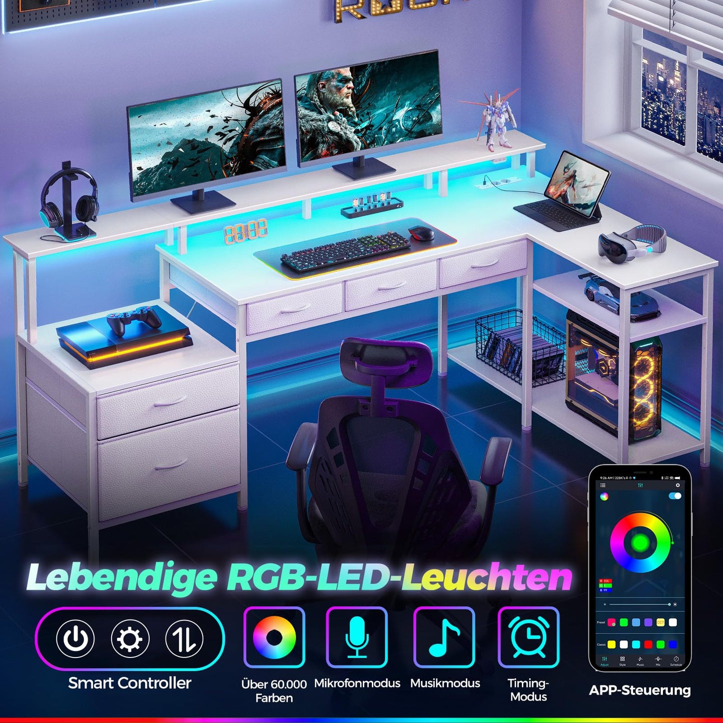 Seventable Schreibtisch L Form, Computertisch mit Steckdose, LED & Monitorständer, Reversibel Eckschreibtisch mit Schubladen, perfekt für Schlafzimmer Büro Wohnzimmer