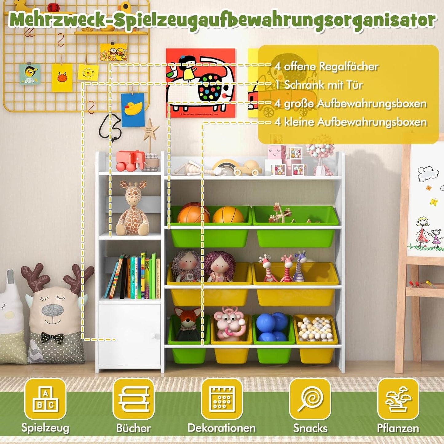 COSTWAY 4-stöckiges Kinderregal, Spielzeugregal mit 8 Aufbewahrungsboxen, 2 offenen Regalen & Schrank, Spielzeug-Organizer Bücherregal für Spielzimmer, Kindergarten, Kinderzimmer, 120 kg belastbar