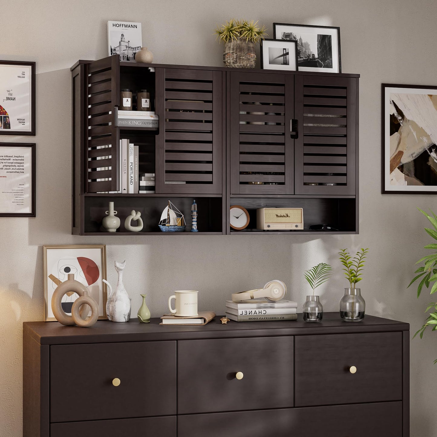 SMIBUY Bathroom Cabinet, Wall Mounted, Bamboo Over the Toilet Storage Organiser, Space Saving Medicine Cabinet with 2 Doors and Adjustable Shelves (Black)