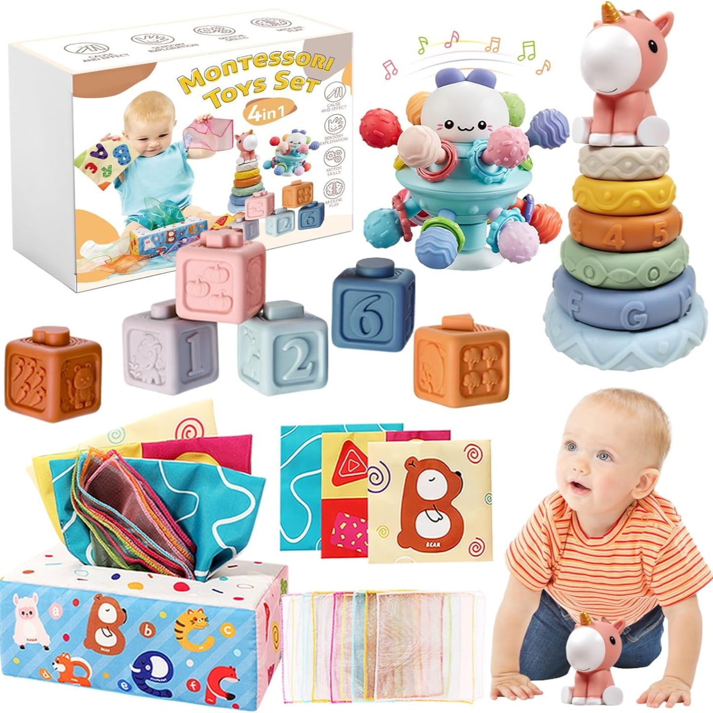 Almaxi Baby Toy 6 Months - 3 Years, 4-in-1 Montessori Toy, Stacking Tower, Silicone Building Blocks, Sensory, Tissue Box, Birthday Gift for Baby 6 9 12 Months 1 2 3 Years