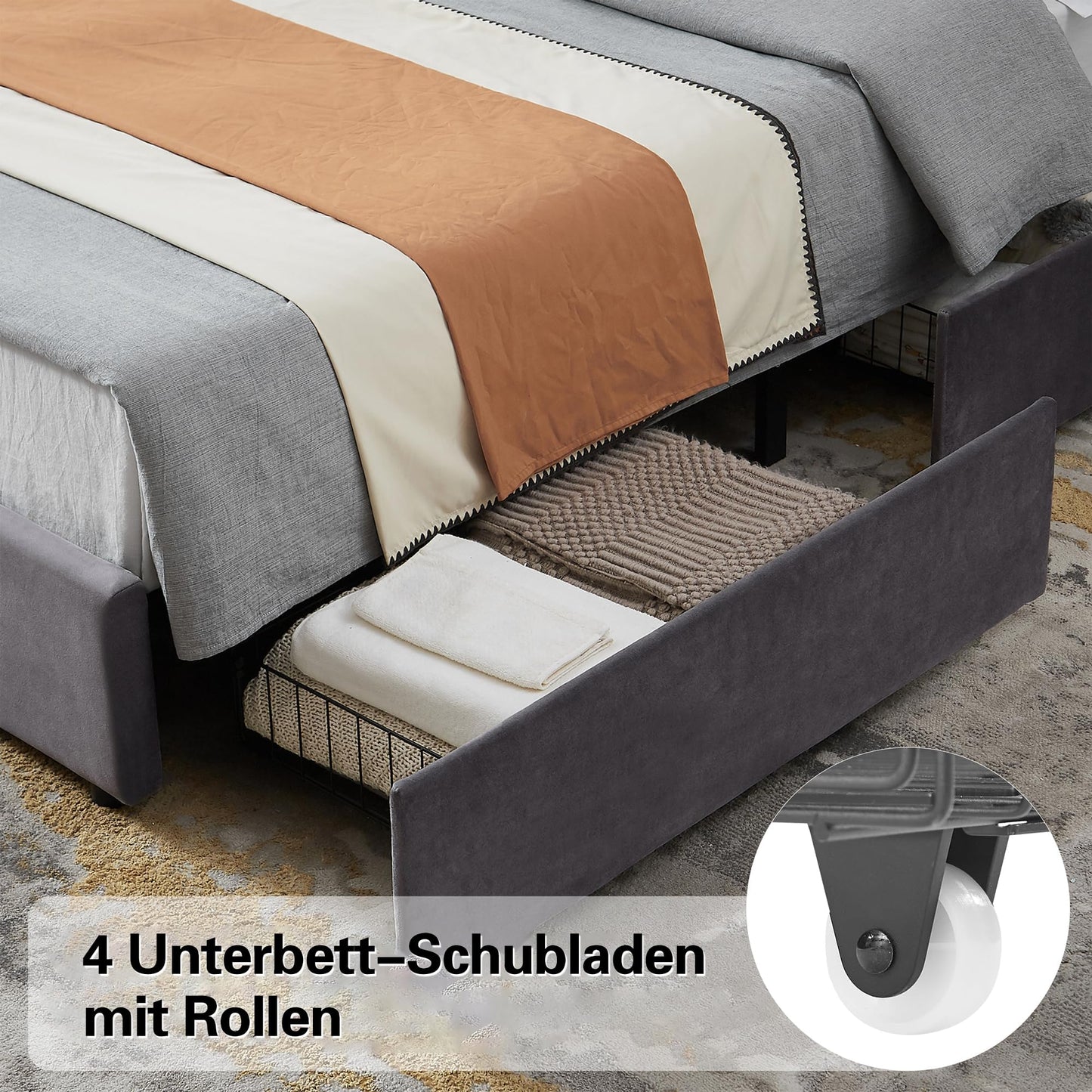 VECELO Upholstered Bed 140 x 200 cm Double Bed with 4 Storage Drawers and Height-Adjustable Headboard, Padded Bed Frame with Slatted Frame and Storage Space, Velvet, Without Mattress, Grey