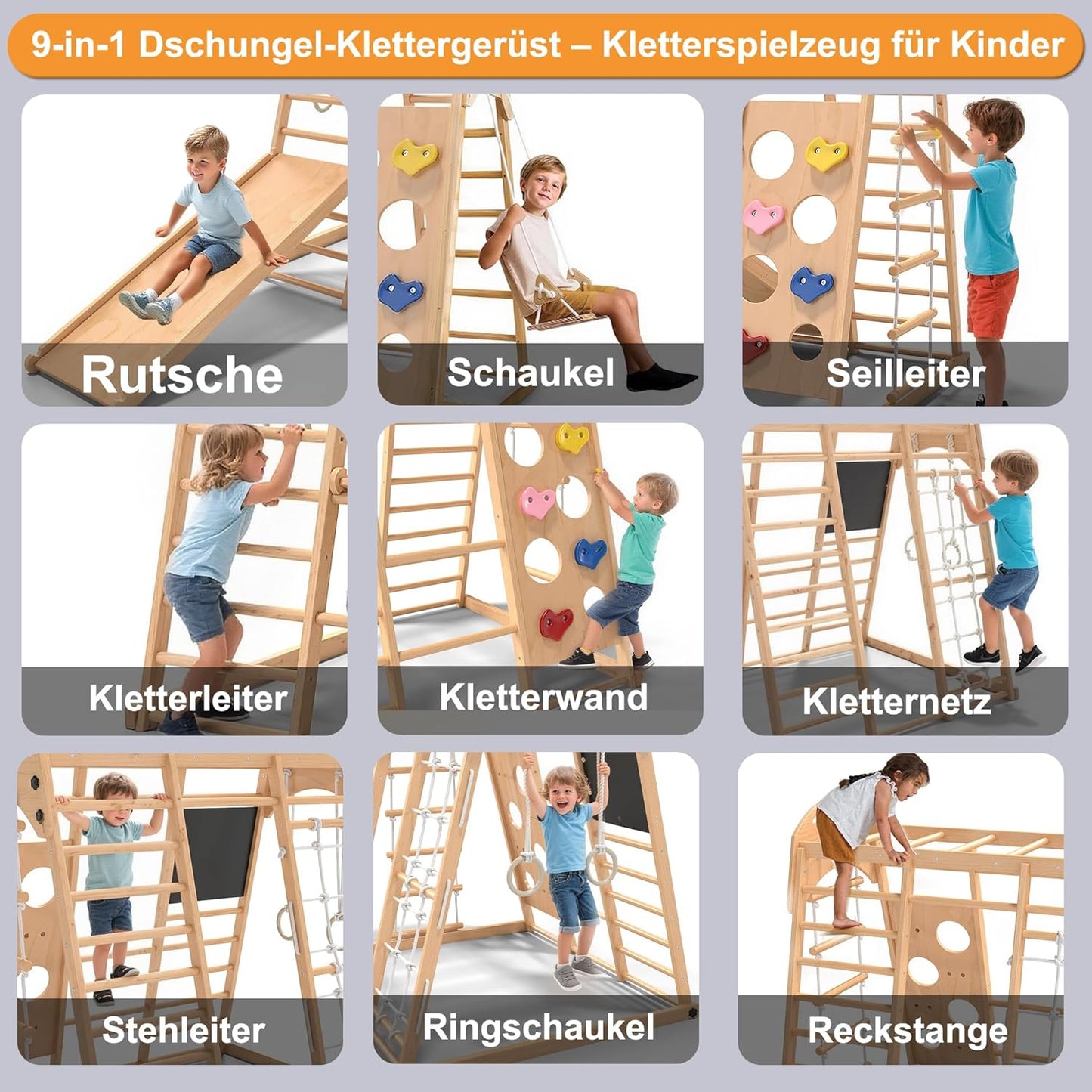 Freelawn Klettergerüst Indoor Montessori 9-in-1 Holz Spielplatz - Kletternetz, Rutsche, Sprossenwand für Kinder 1-6 Jahre (Natur)