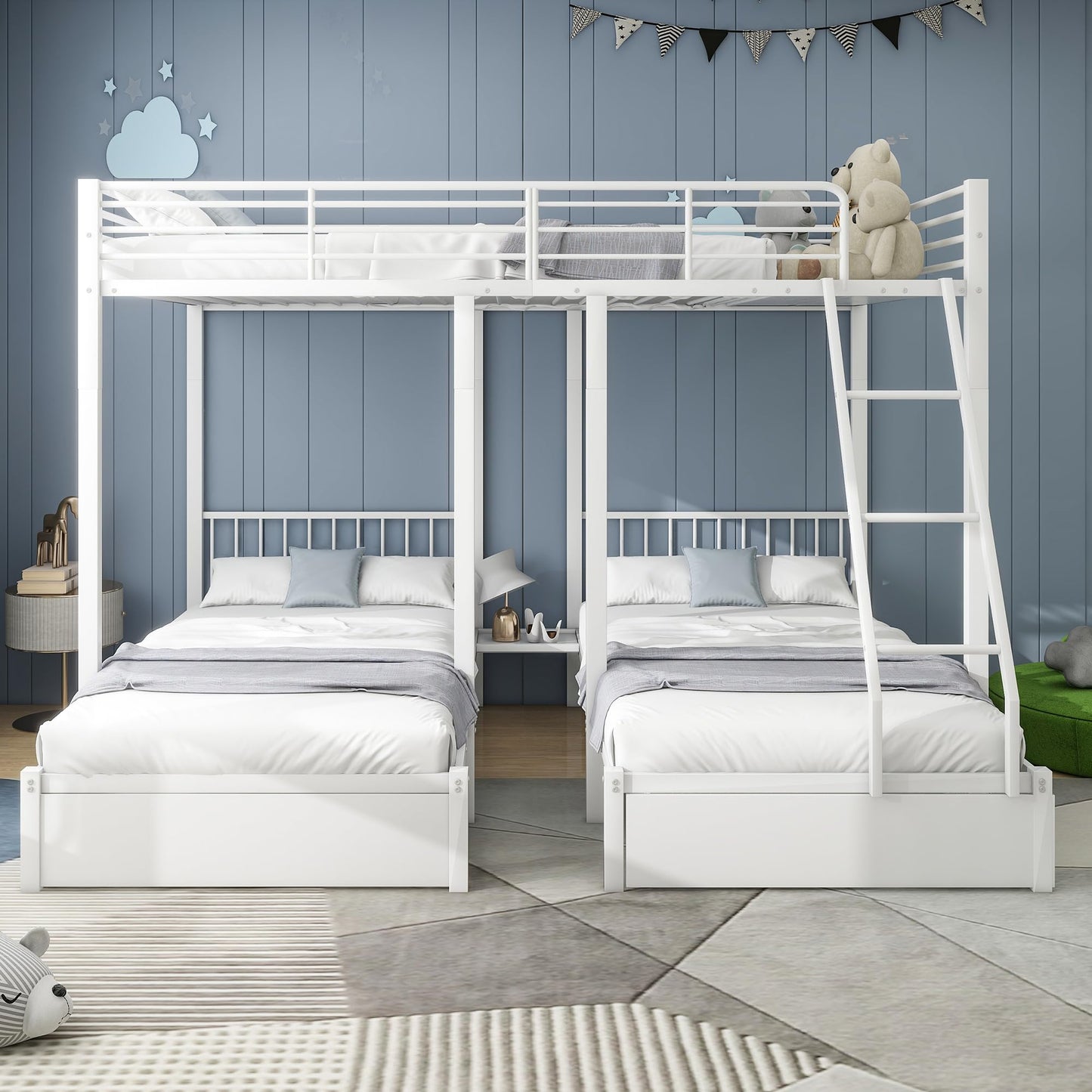 Merax Hausbett 90x200 cm mit 2 Schubladen, für 2 Kinder Doppelbett, Vielseitiges Holz Baumhausbett für Mädchen & Jungen, Stabil Spielbett Gitterbett mit Rausfallschutz und Lattenrost, Weiß