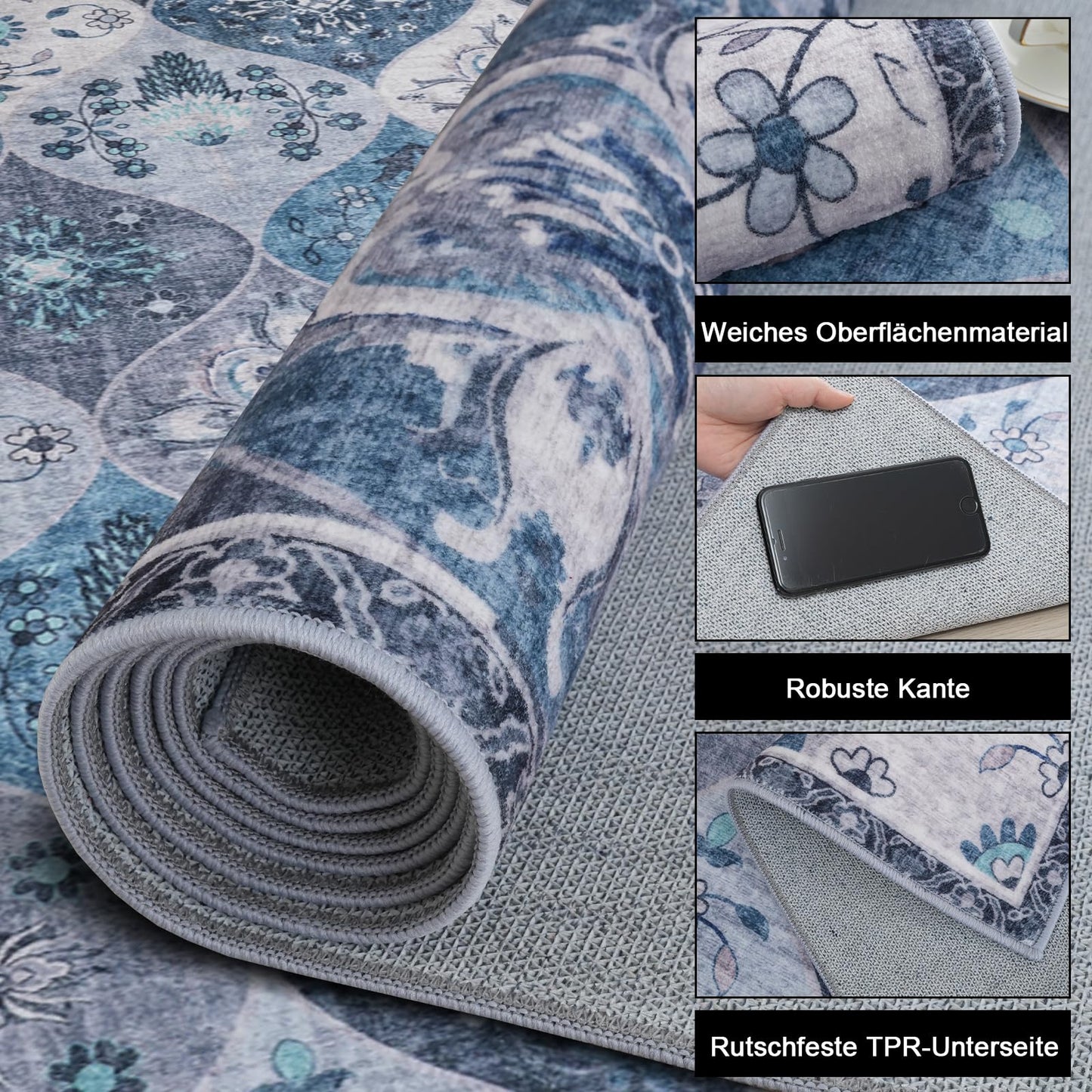 Xfrog Blumen Boho Teppich - Rutschfester Waschbarer Ultraweicher Antiker Niedriger Flor Flächenteppich für Wohnzimmer, Schlafzimmer, Kinderzimmer - 80 x 150 cm
