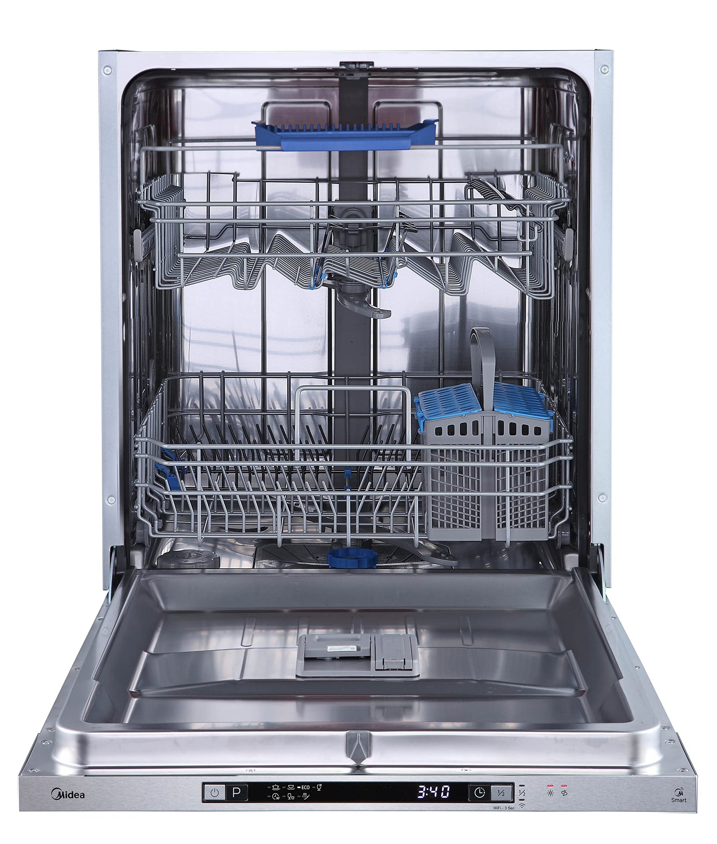 Midea MDWEU1435XSS-W Dishwasher, Integrated, 14 Place Settings, 60 cm, Partially Integrated with WiFi, Extra Drying, 7 Programmes, 47 dB, 0-24 Hours Start Time Delay, Stainless Steel