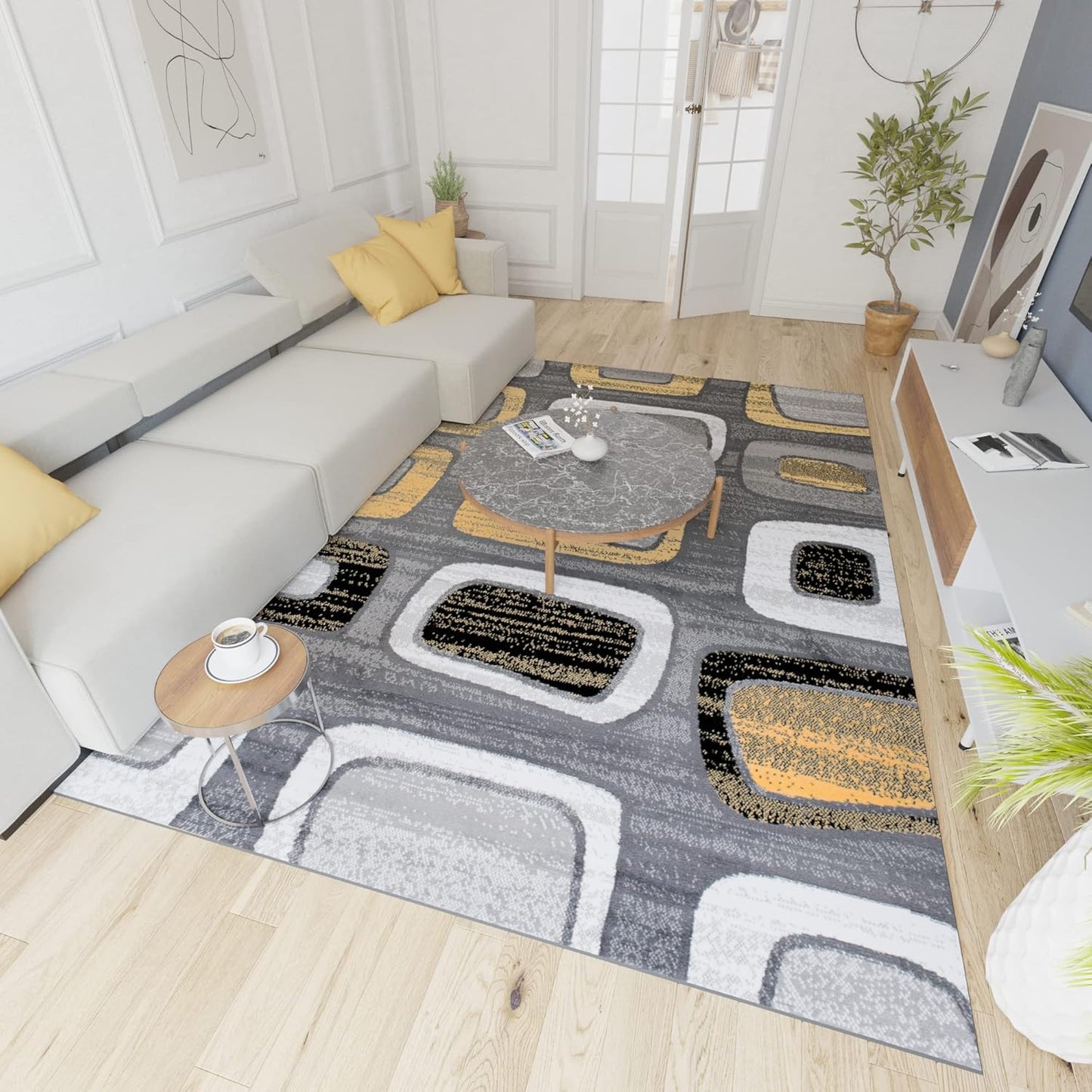 Mazovia Modern Rug, Short Pile, Oeko-Tex Rug for Living Room, Bedroom, Dining Room, Robust and Easy to Clean, Low Pile Height, Grey Yellow, 250 x 350 cm