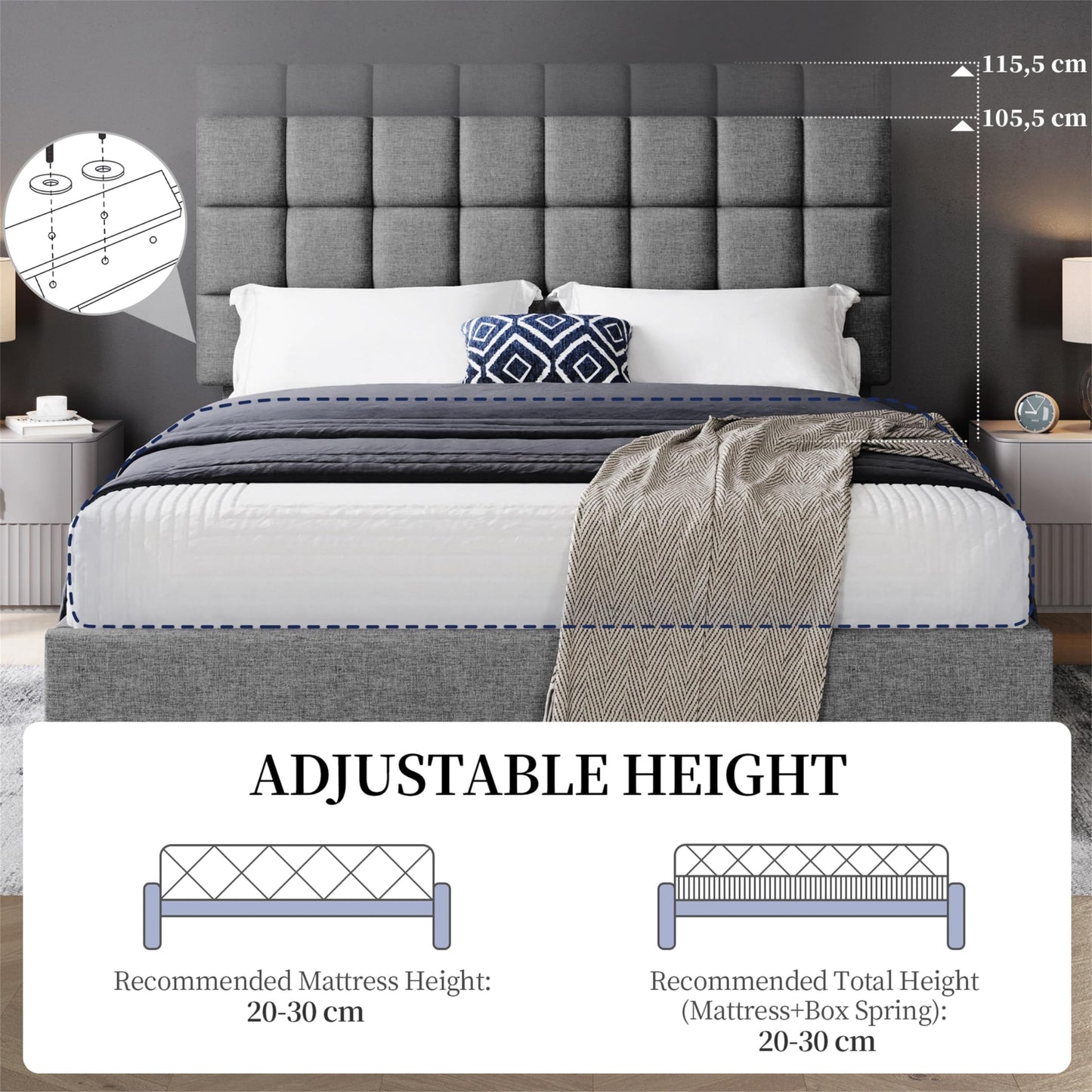 Yaheetech Upholstered Bed 140 x 200 cm Double Bed with Height-Adjustable Headboard, Sturdy Bed Frame, Fabric Bed with Slatted Frame, Padded Bed Frame, Youth Bed, Dark Grey