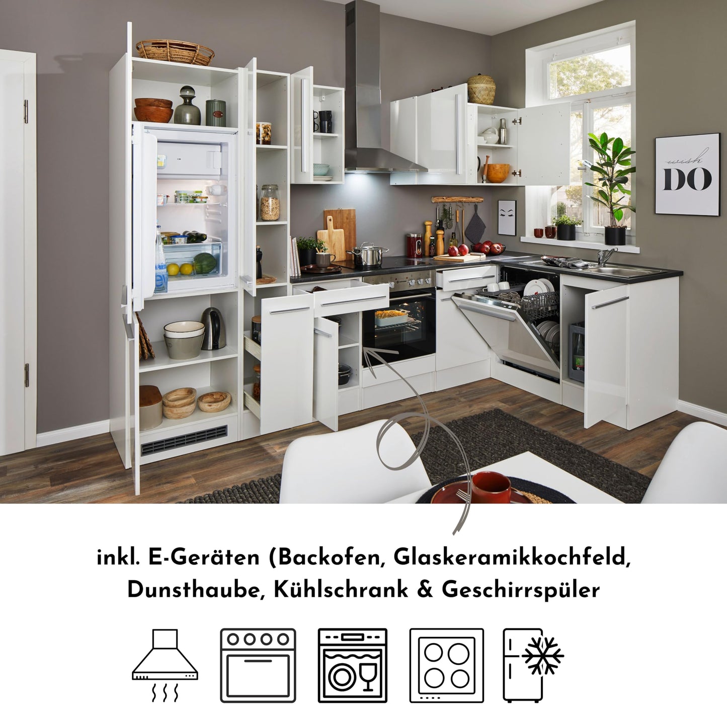 Jazz 8 Modern Corner Kitchen without Electrical Appliances in White High Gloss, Metallic Grey - Spacious Kitchen Unit in L-Shaped with Lots of Storage Space - 220 x 211 x 60 cm (W x H x D)