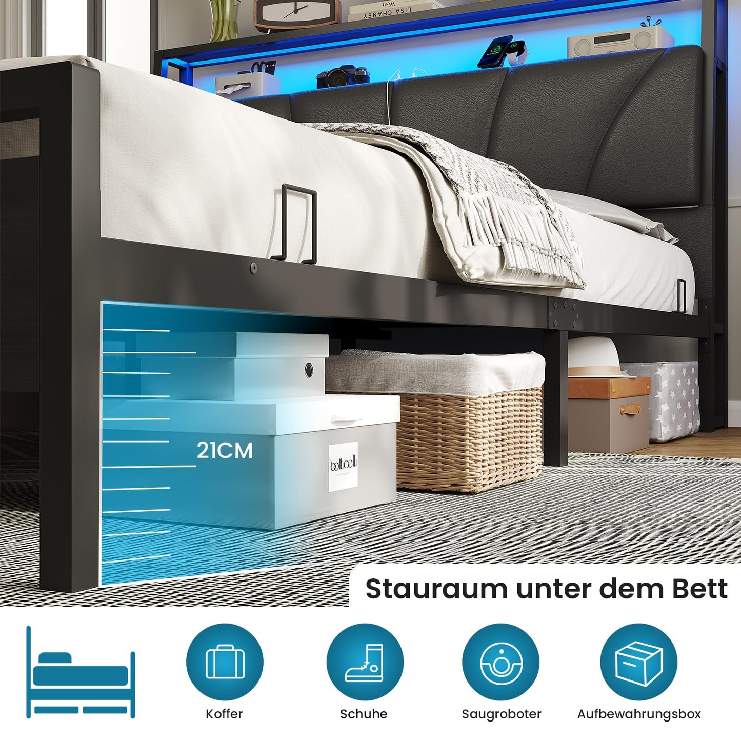Brinlawb Bed 140 x 200 cm with Metal Slatted Frame, Bed Frame 140 x 200 cm with LED Lighting, Metal Bed 140 x 200 cm with Headboard and Charging Station (2 AC Sockets, 2 USB Ports), Youth Bed, Double