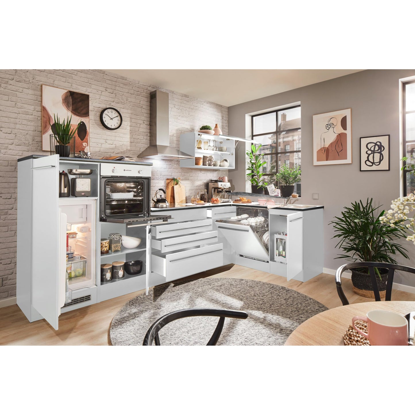 Jazz 4 Modern Corner Kitchen with Electrical Appliances in White High Gloss, Metallic Grey - Spacious Kitchen Unit in L-Shaped with Lots of Storage Space - 320 x 200 x 60 cm (W x H x D)