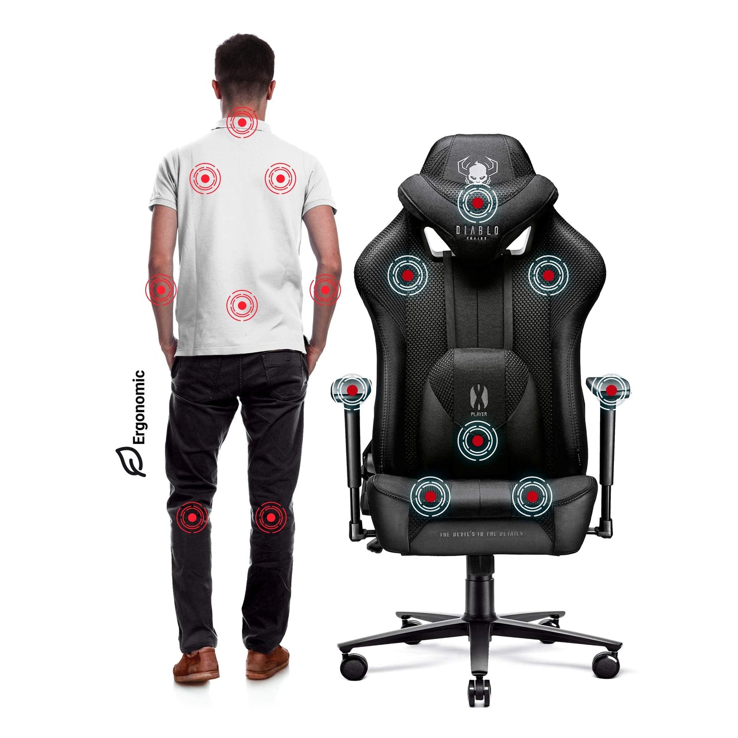 Diablo X-Player Gaming Stuhl Bürostuhl Schreibtischstuhl Stoff 3D Armlehnen Ergonomisches Design Nacken/- Lendenkissen (Frost Black, Normal (L))