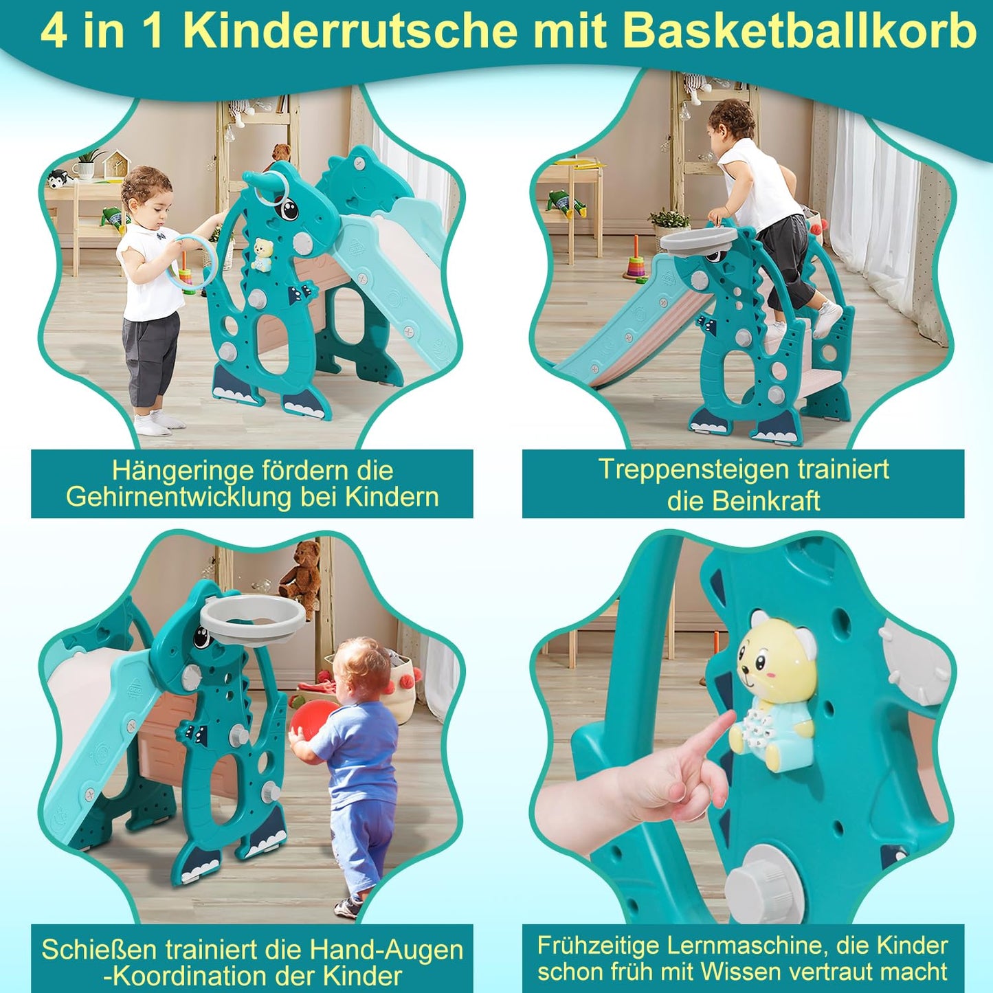 Joparri Children's Slide Foldable Children's Slide Stable Garden Slide with Basketball Hoop and Armrests, Children's Fun Slide with English Early Education Device, Indoor and Outdoor Toddler Slide,