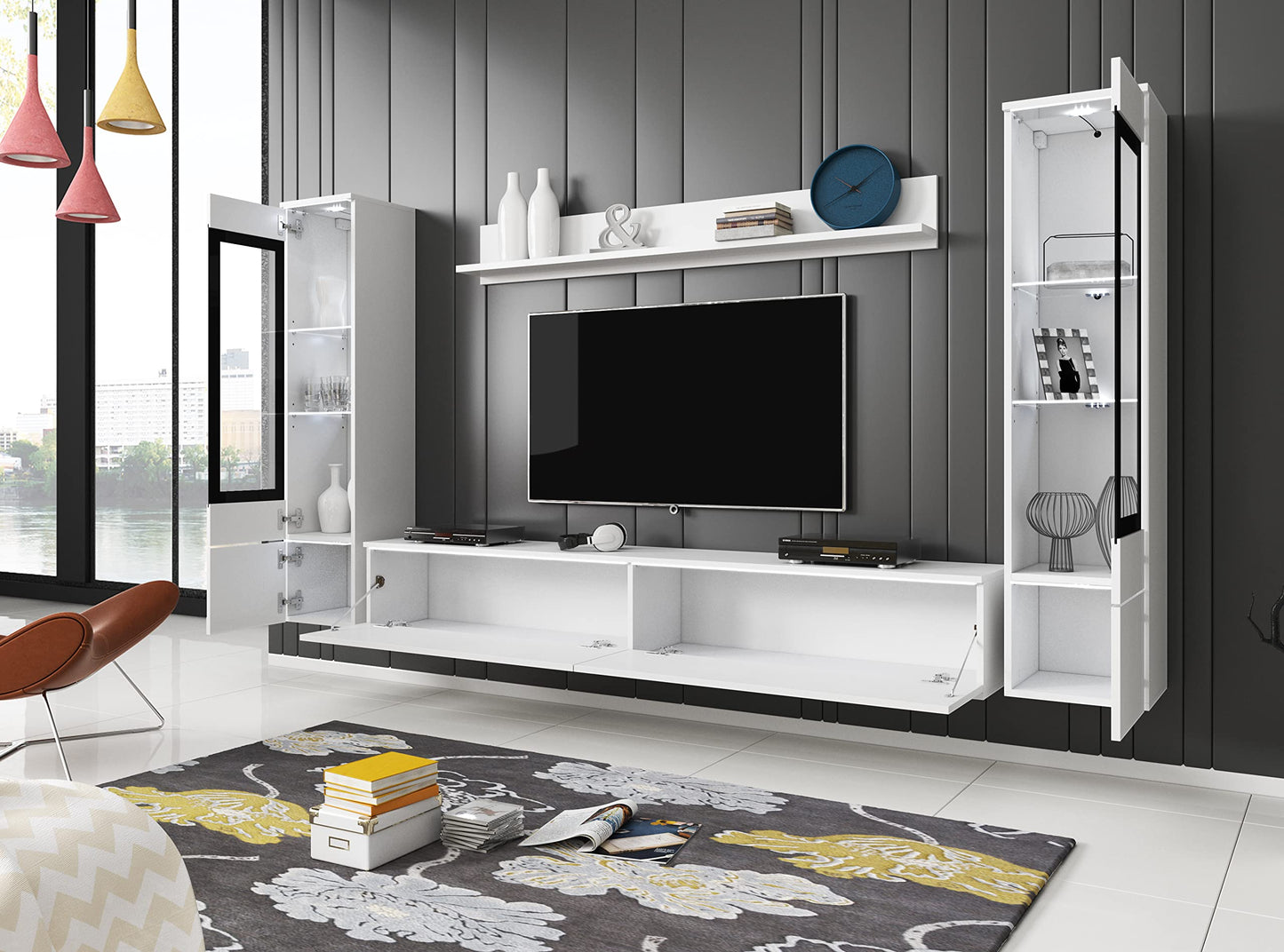 MINIO go for it Veve 2, 4-Piece Wall Unit Set, Hanging or Standing, 2 x Tall Cabinet Display Cabinets, Lowboard, Wall Board, Laminated Clamping Plate, Wotan Oak and Black Gloss, without Lighting