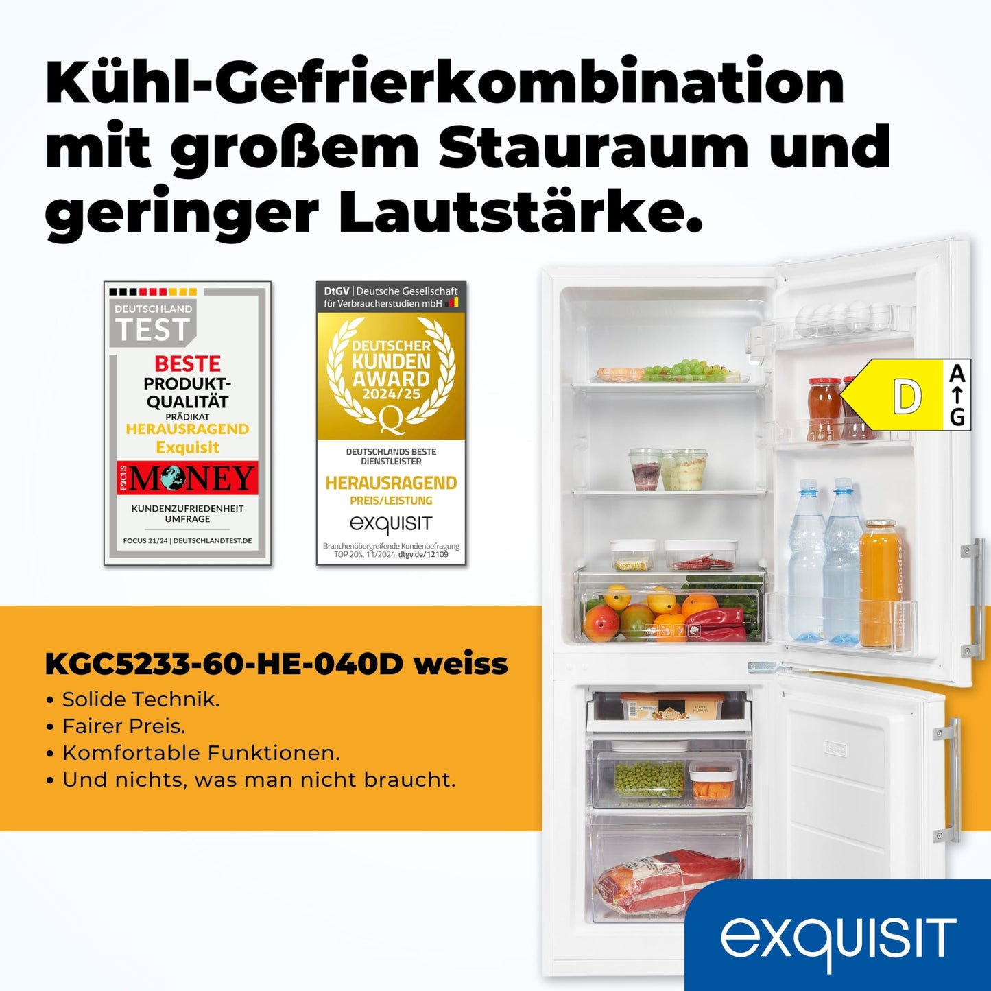 Exquisit Kühl-Gefrierkombination, 143 cm Höhe, Kühlschrank mit Gefrierfach, 4-Sterne-Gefrieren, 173 Liter, Alarm-Funktion, Kühl Gefrierkombination freistehend, KGC5233-60-HE-040D weiss