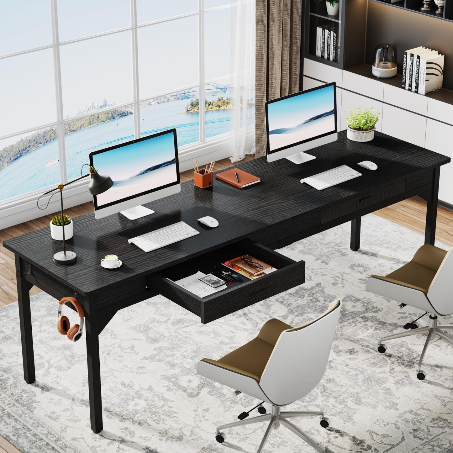 Tribesigns Schreibtisch Computertisch 200 x 60 x 82 cm, Doppelter Langer Schreibtisch mit 2 Schubladen, PC Tisch Bürotisch Arbeitstisch Esstisch Büro-Möbel Computertisch für Home Office, Braun